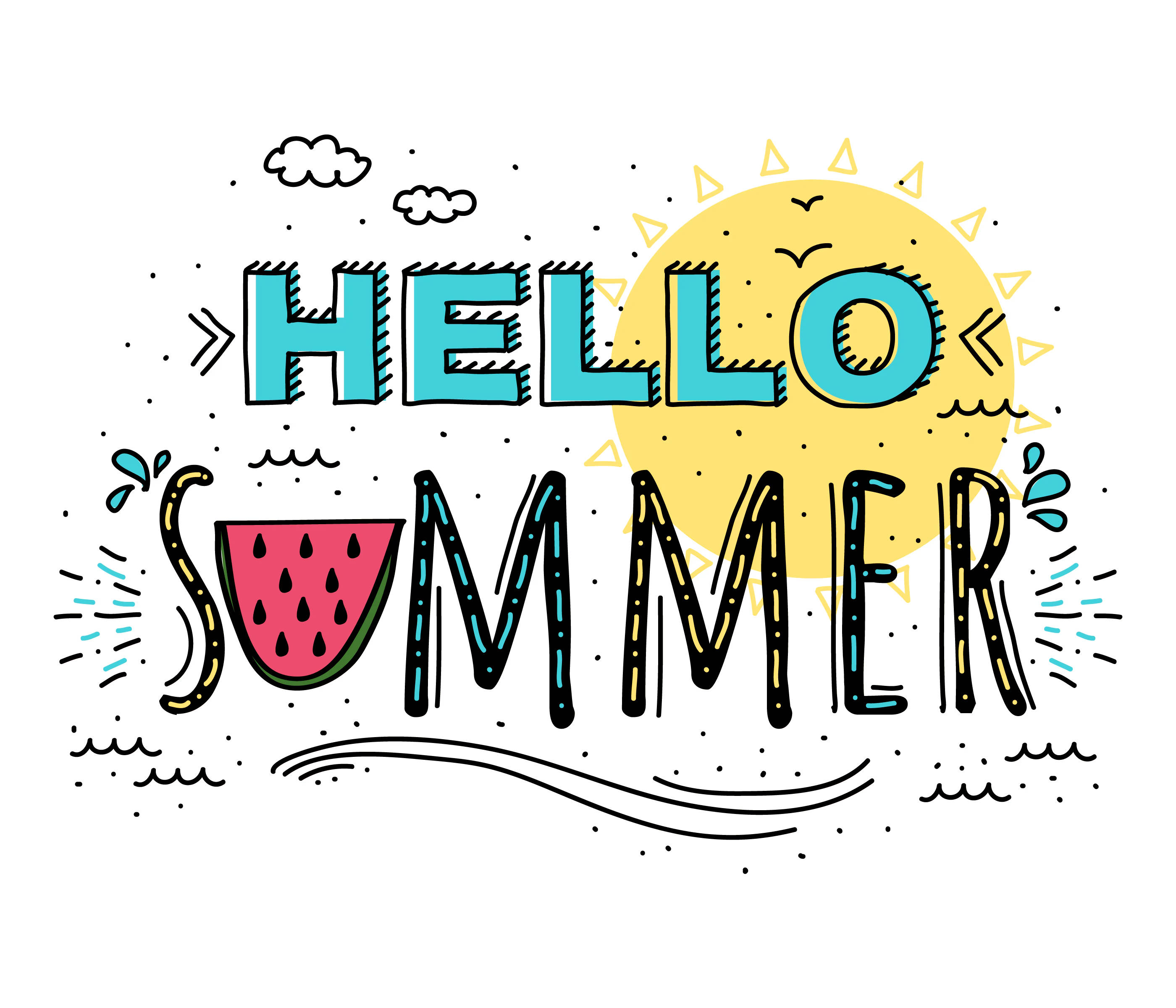 hello summer, watermelon sun, clouds, 2K Desktop Wallpaper