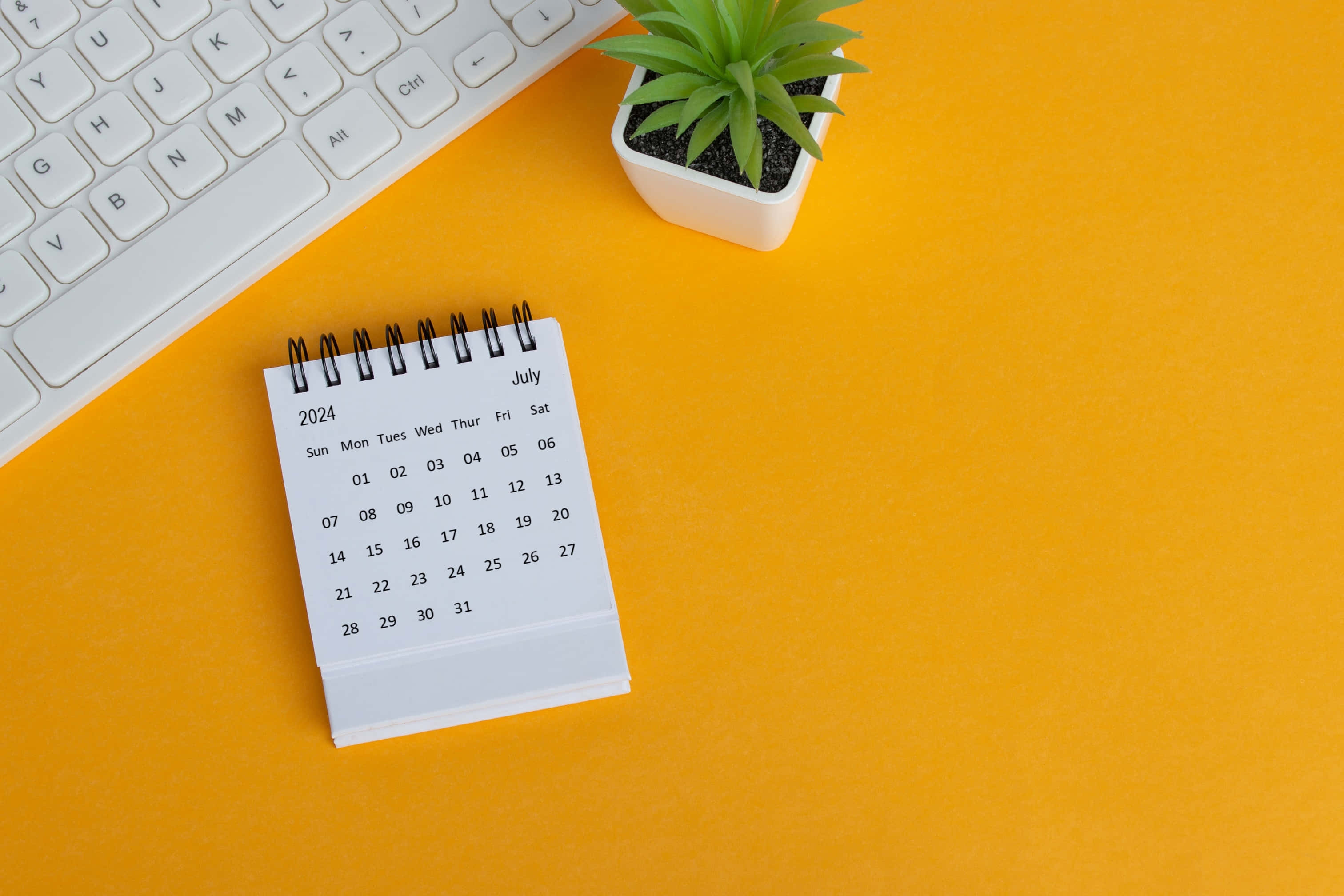 July 2024, white desk calendar, keyboard, 2K Desktop Wallpaper