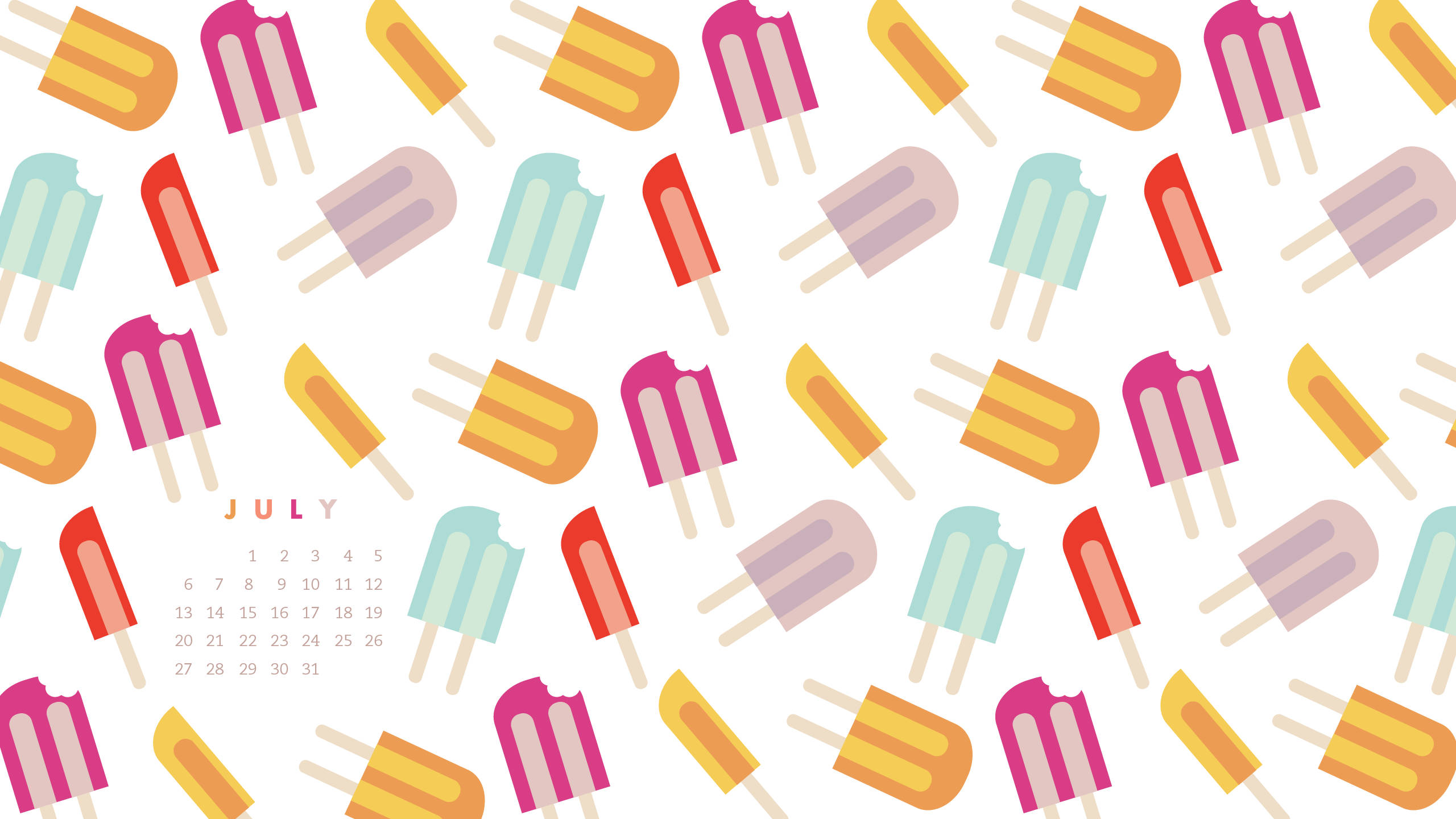 colorful popsicles, white background, July calendar, 2K Desktop Wallpaper