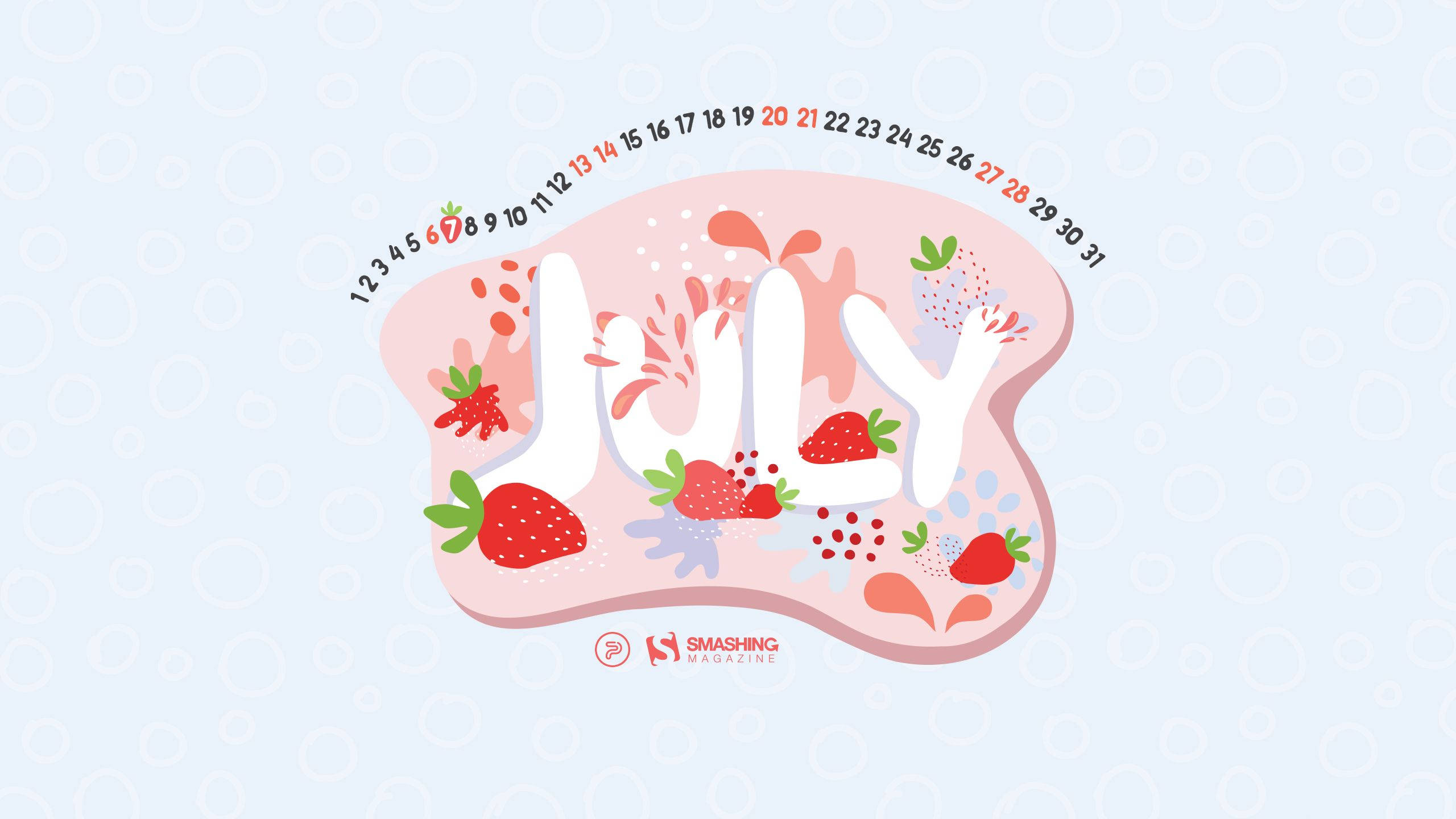 July calendar, strawberries, soft pastel background, 2K Desktop Wallpaper