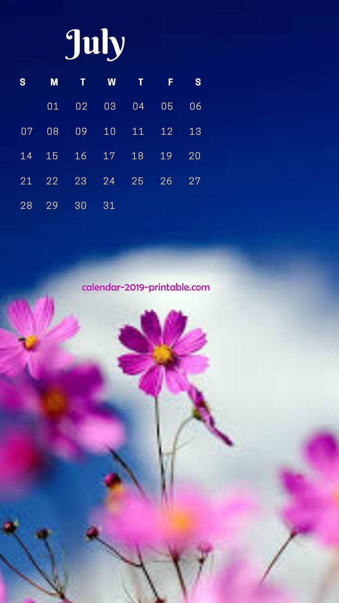 July 2019 Calendar, vibrant blue sky, soft-focus pink cosmos flowers, Full HD Phone Wallpaper
