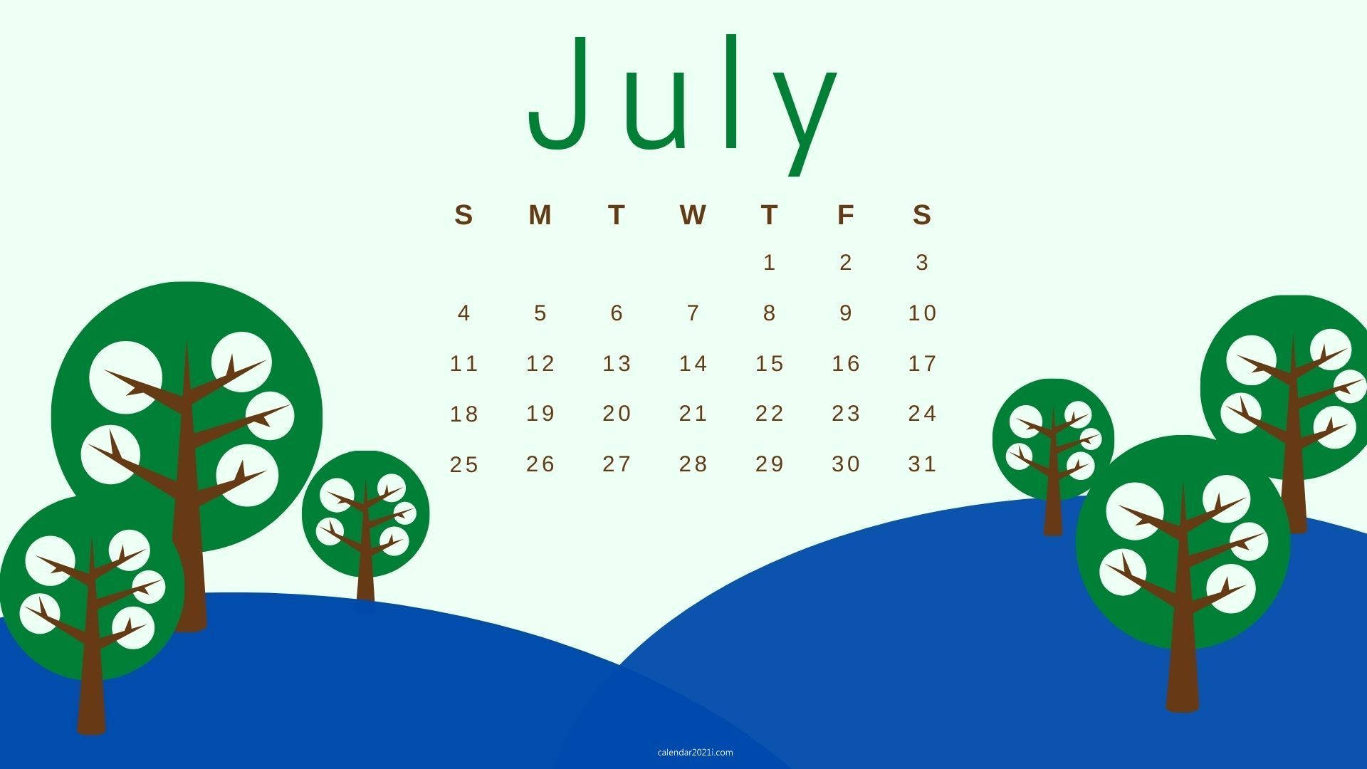 July 2021 calendar, round trees, stylized green trees, Full HD Desktop Wallpaper