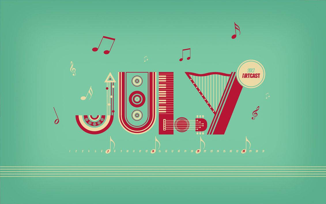 JULY, teal background, floating notes, SD Desktop Wallpaper