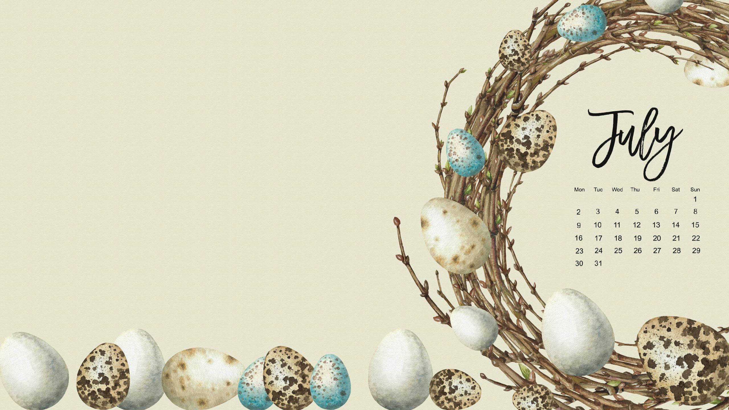 July calendar, rustic twig wreath, speckled and blue eggs, 2K Desktop Wallpaper