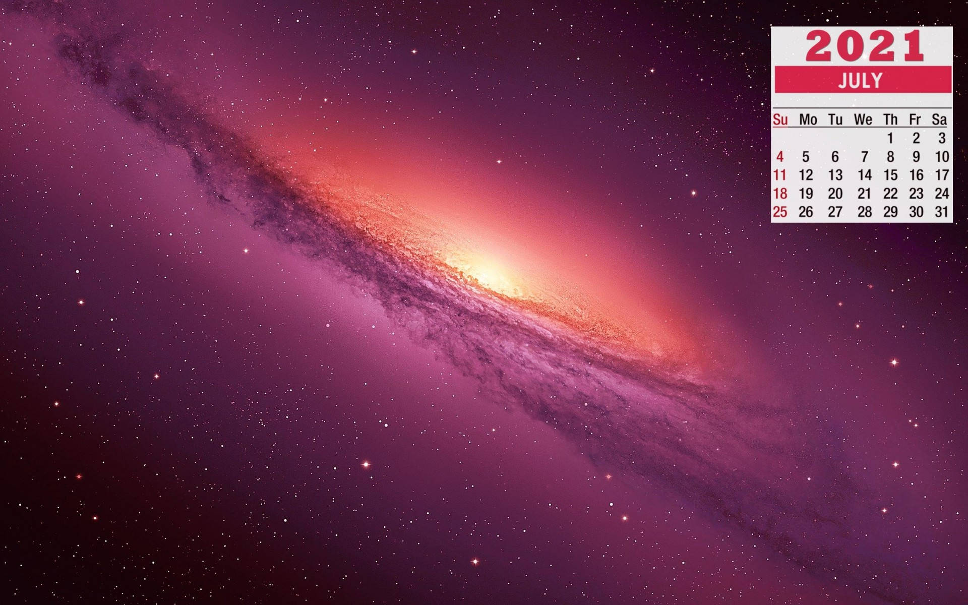 2021 July calendar, vibrant purple galaxy, glowing pink core, Full HD Desktop Wallpaper
