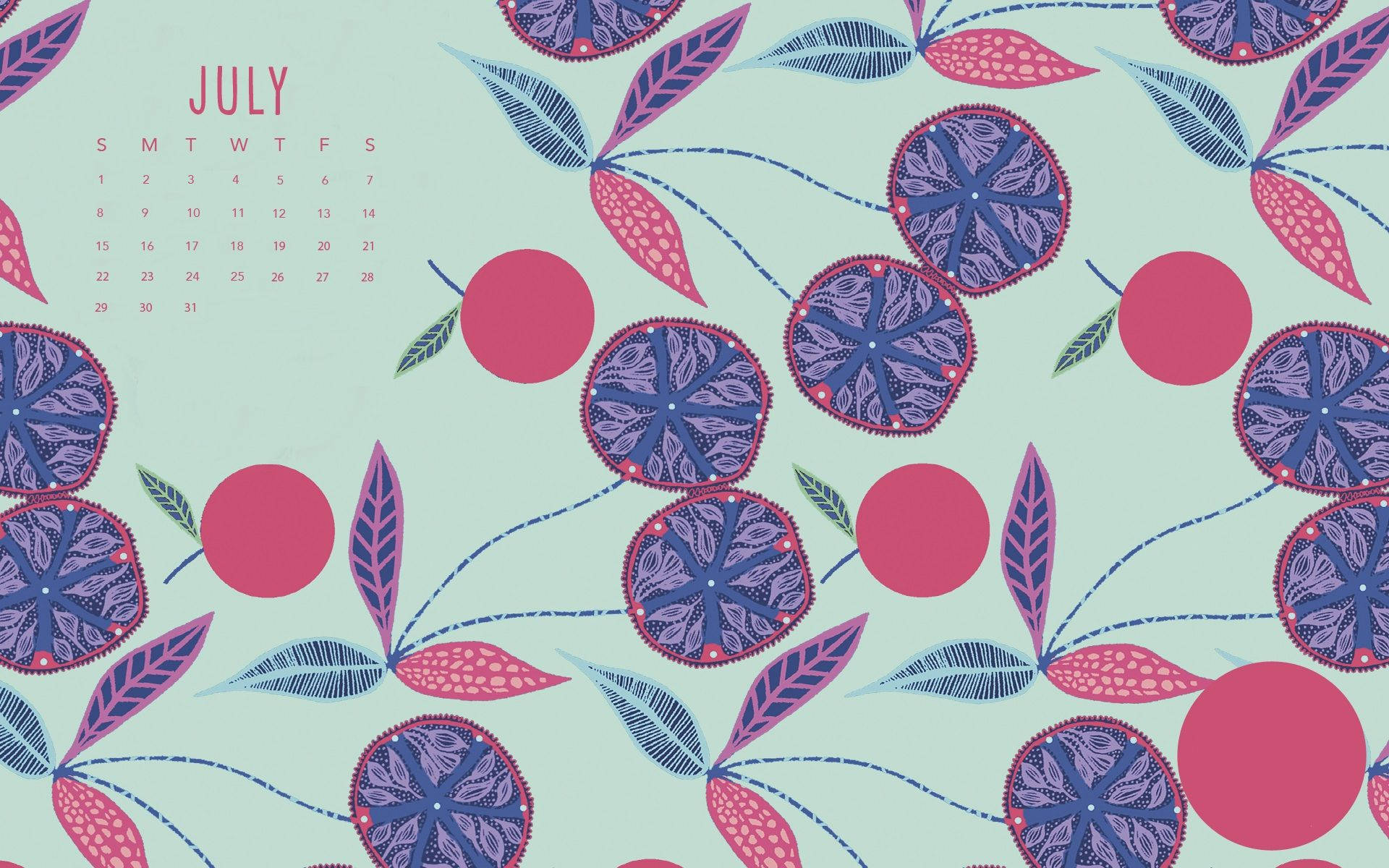 July, purple citrus slices, pink leaves, Full HD Desktop Wallpaper