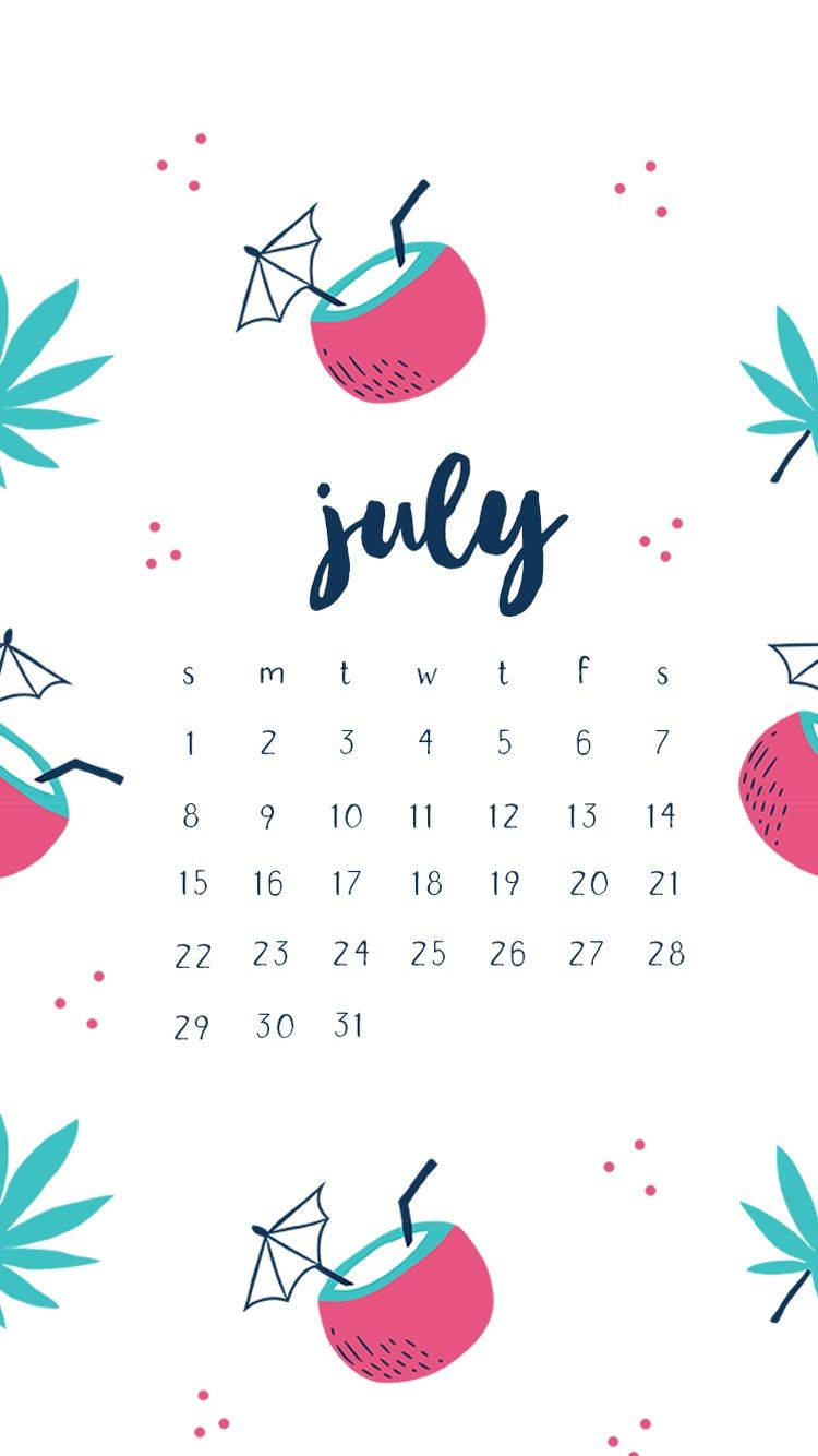 July calendar, pink coconut drinks, teal palm leaves, HD Phone Wallpaper