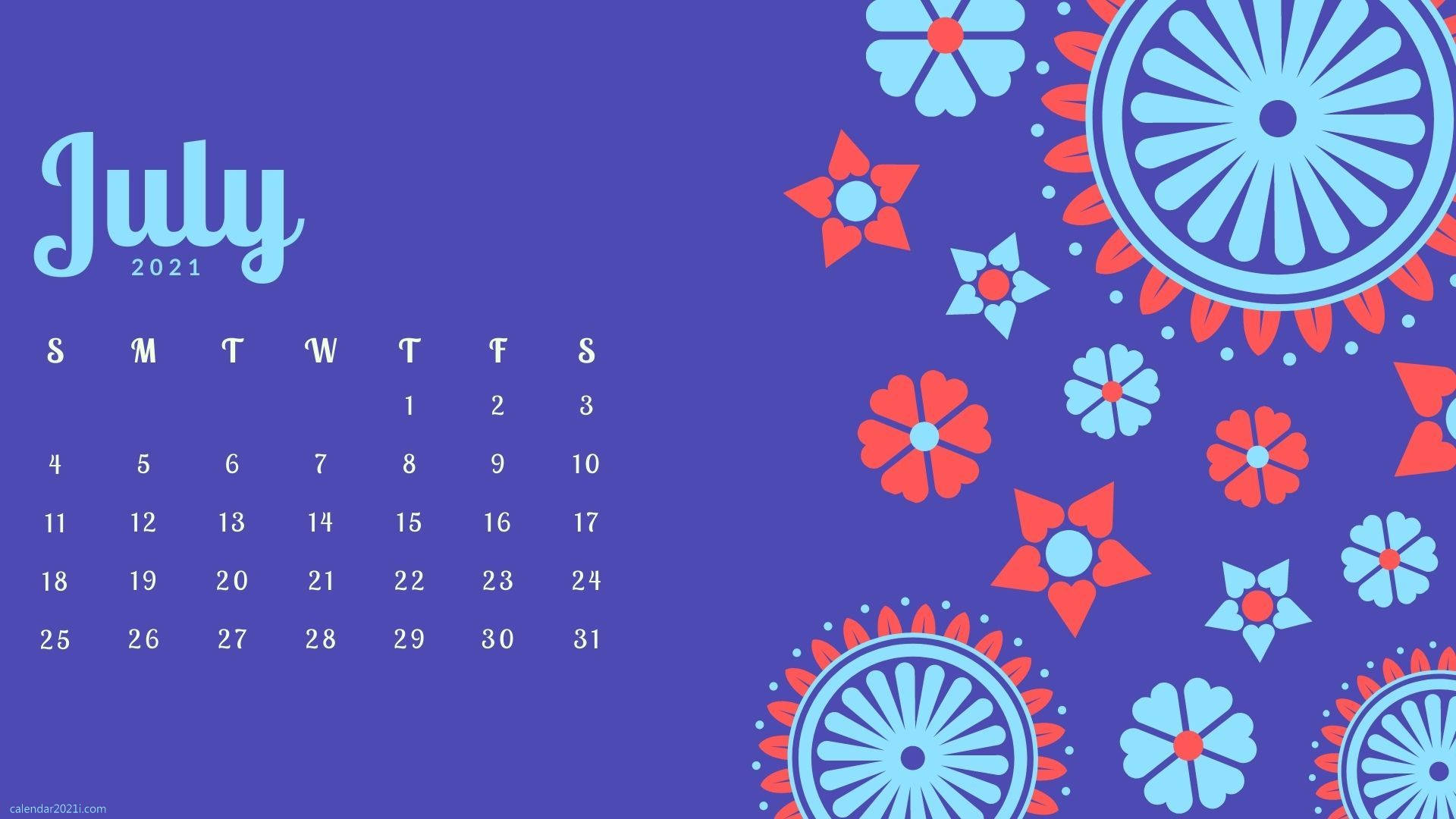 July 2021, purple background, blue floral patterns, Full HD Desktop Wallpaper