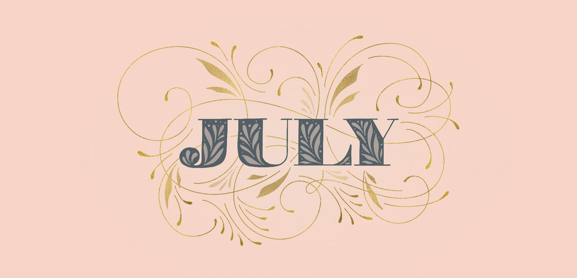 July, gray letters, golden swirling foliage, Full HD Desktop Wallpaper