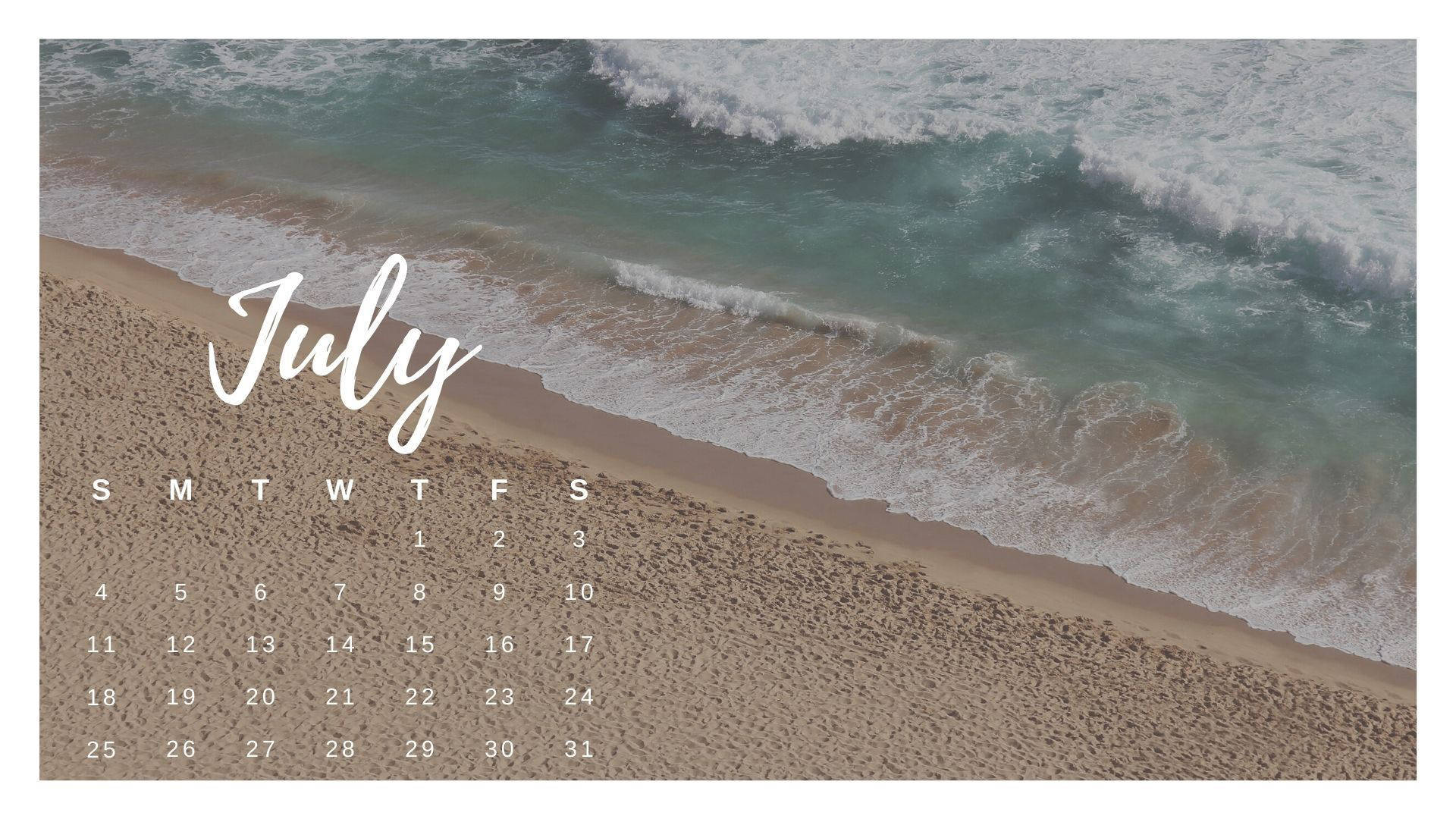 turquoise ocean, sandy beach, July calendar overlay, Full HD Desktop Wallpaper