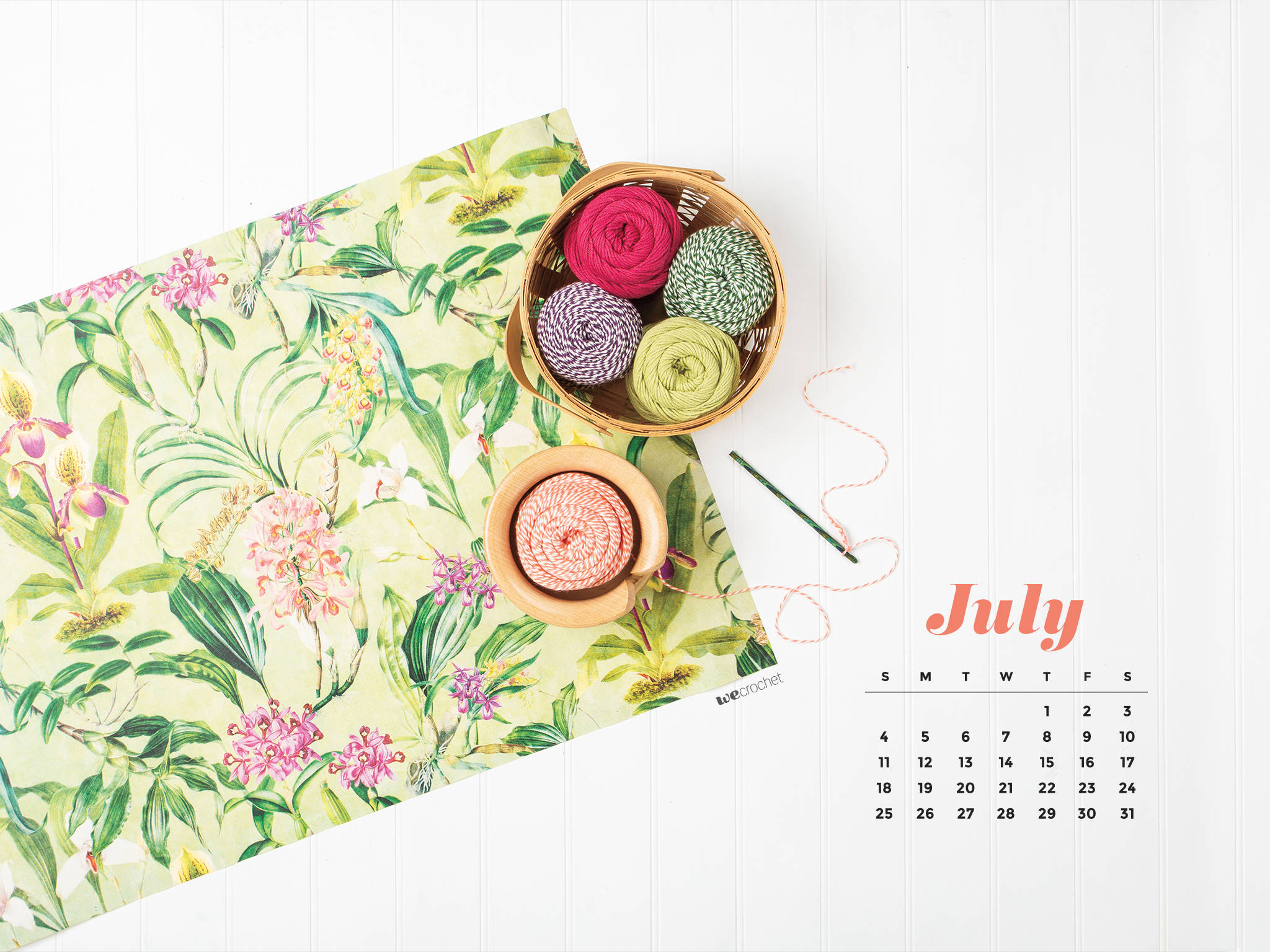 July calendar, flower pattern, yarn, Full HD Desktop Wallpaper
