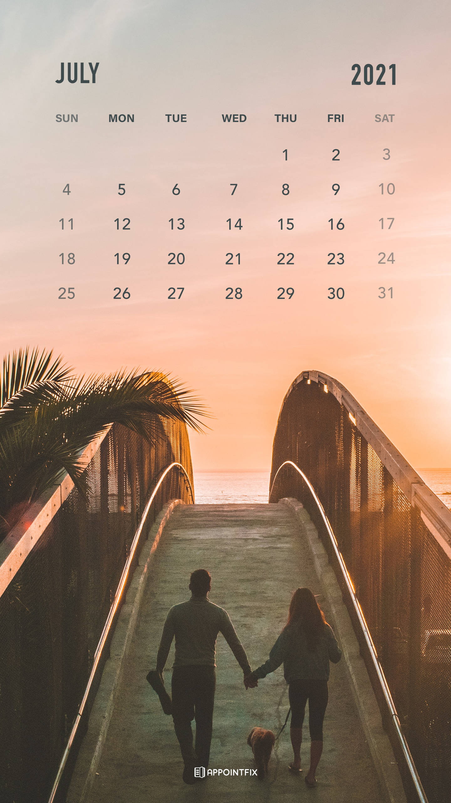 July 2021 calendar, bridge, sunset, 2K Phone Wallpaper