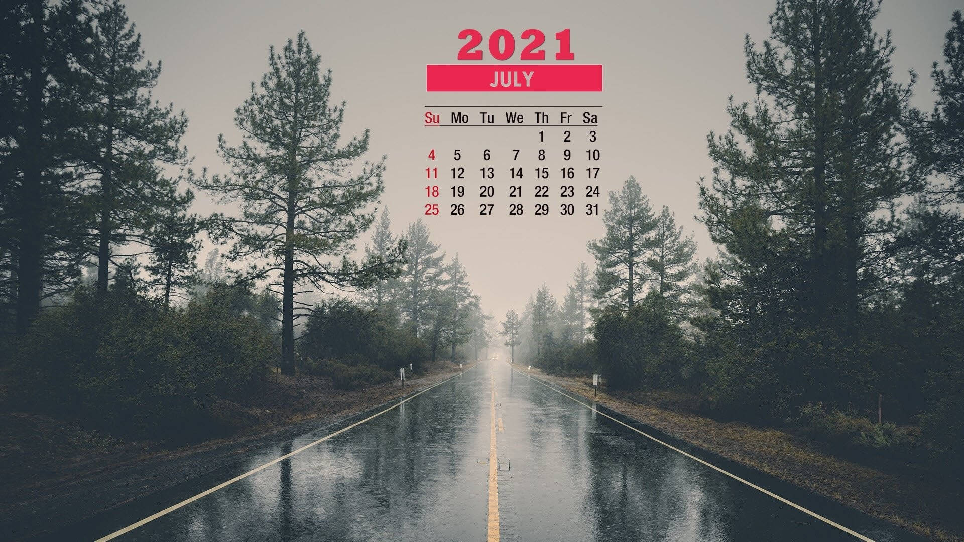 rainy road, 2021 July calendar, misty forest road, Full HD Desktop Wallpaper