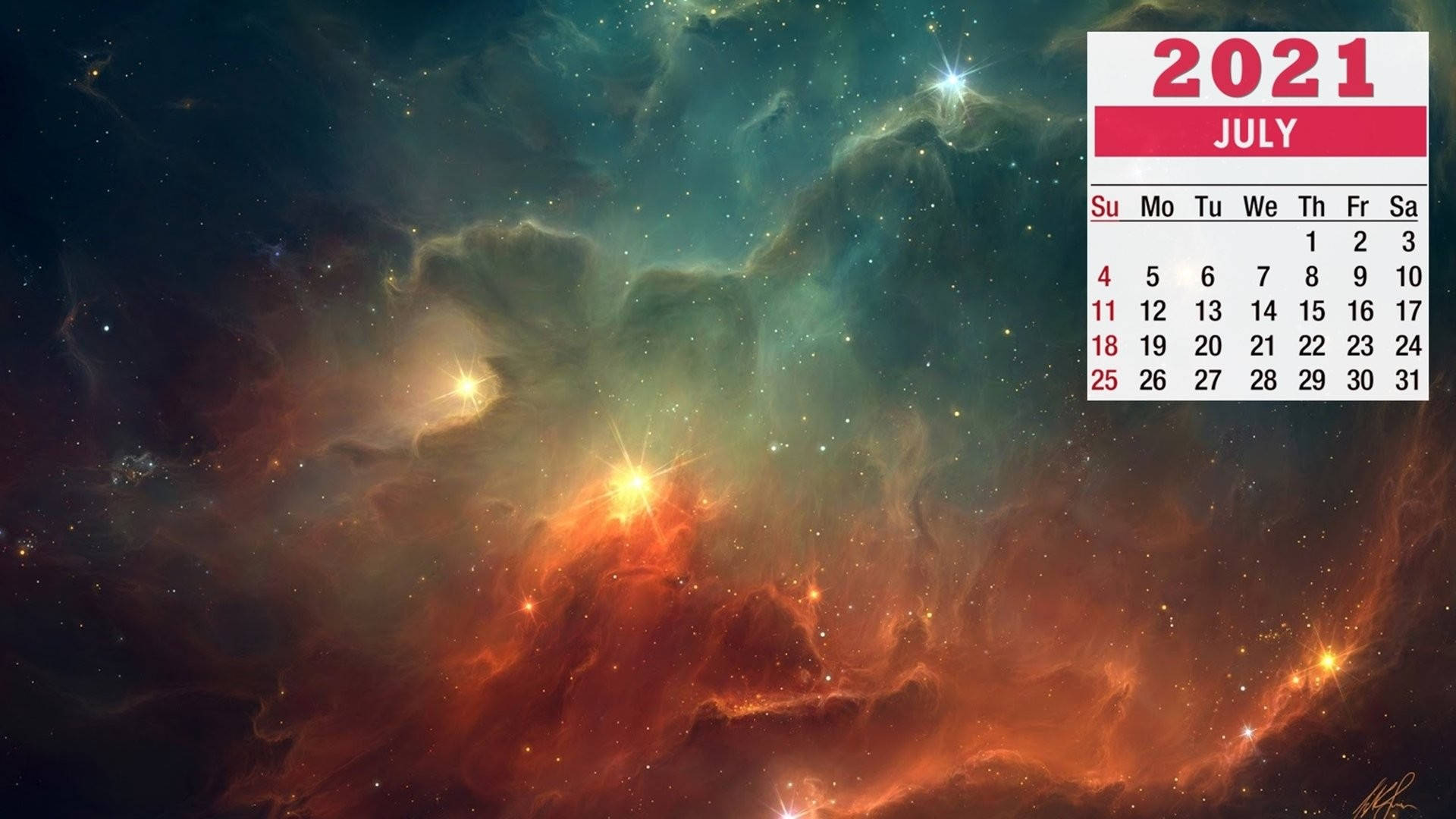colorful galaxy, July 2021 calendar, cosmic nebula, Full HD Desktop Wallpaper