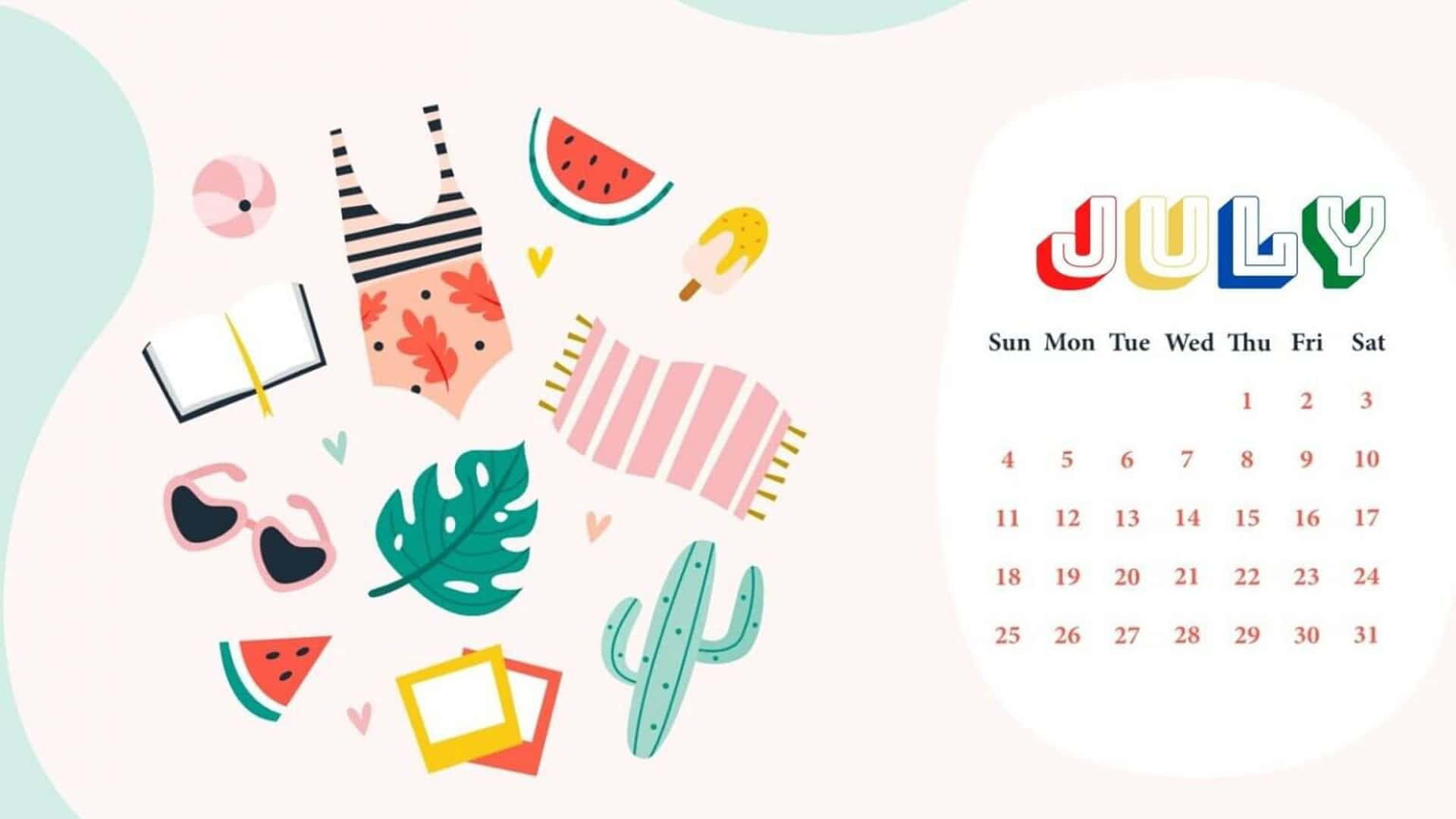 July, summer aesthetic, calendar, Full HD Desktop Wallpaper