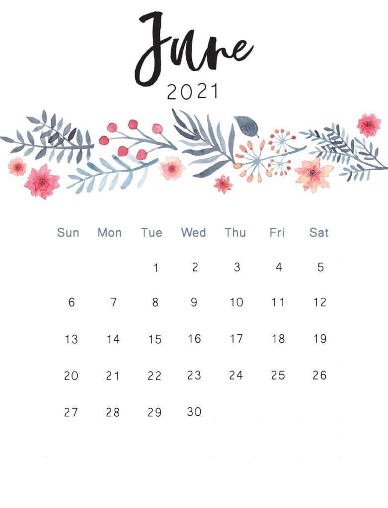 June 2021 Calendar, watercolor, pink flowers, SD Phone Wallpaper