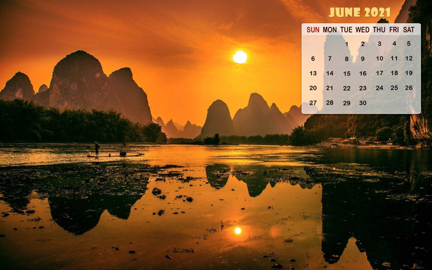 karst mountains, sunset, fisherman, HD Desktop Wallpaper