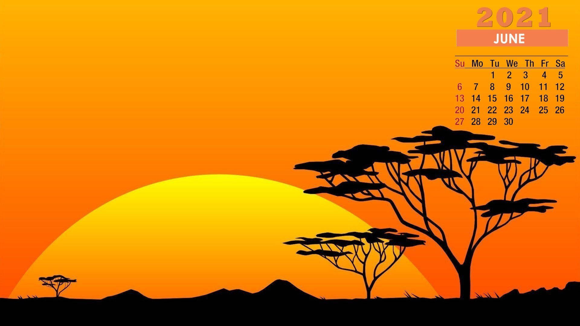 African savanna, sunset, acacia tree silhouettes, Full HD Desktop Wallpaper