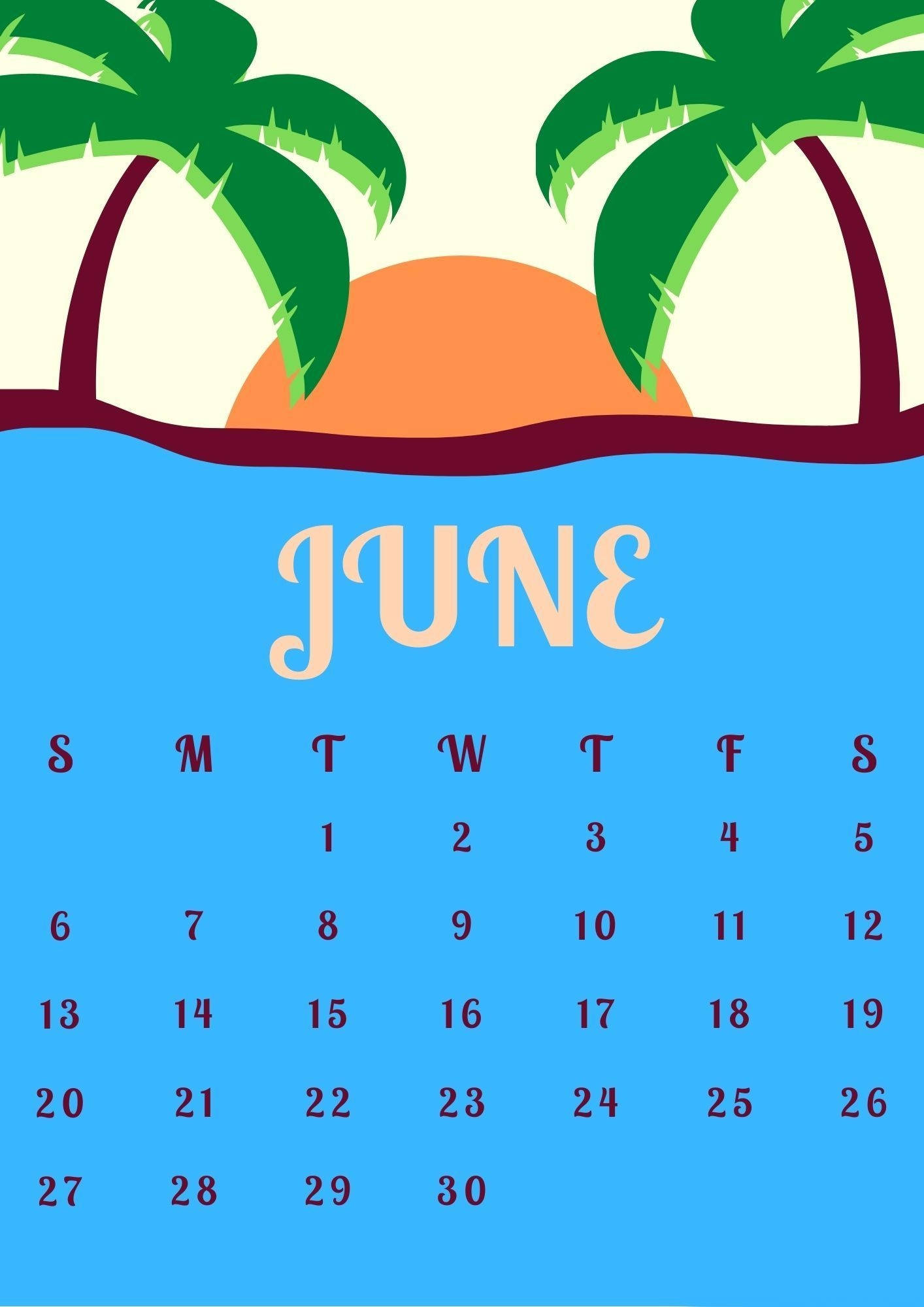 June 2021 Calendar, palm trees, setting sun, Full HD Phone Wallpaper