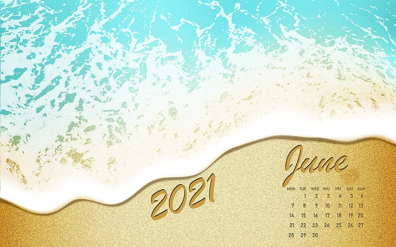 June 2021 Calendar, golden sand, turquoise ocean waves, SD Desktop Wallpaper