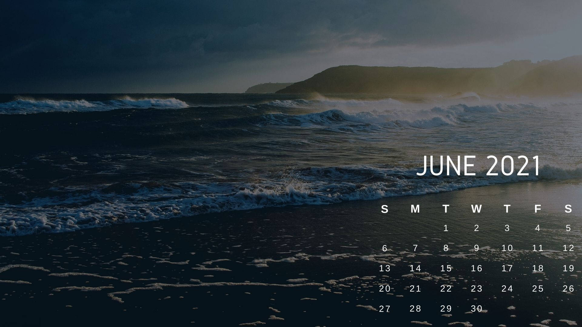 June 2021 calendar, ocean scene, crashing waves, Full HD Desktop Wallpaper