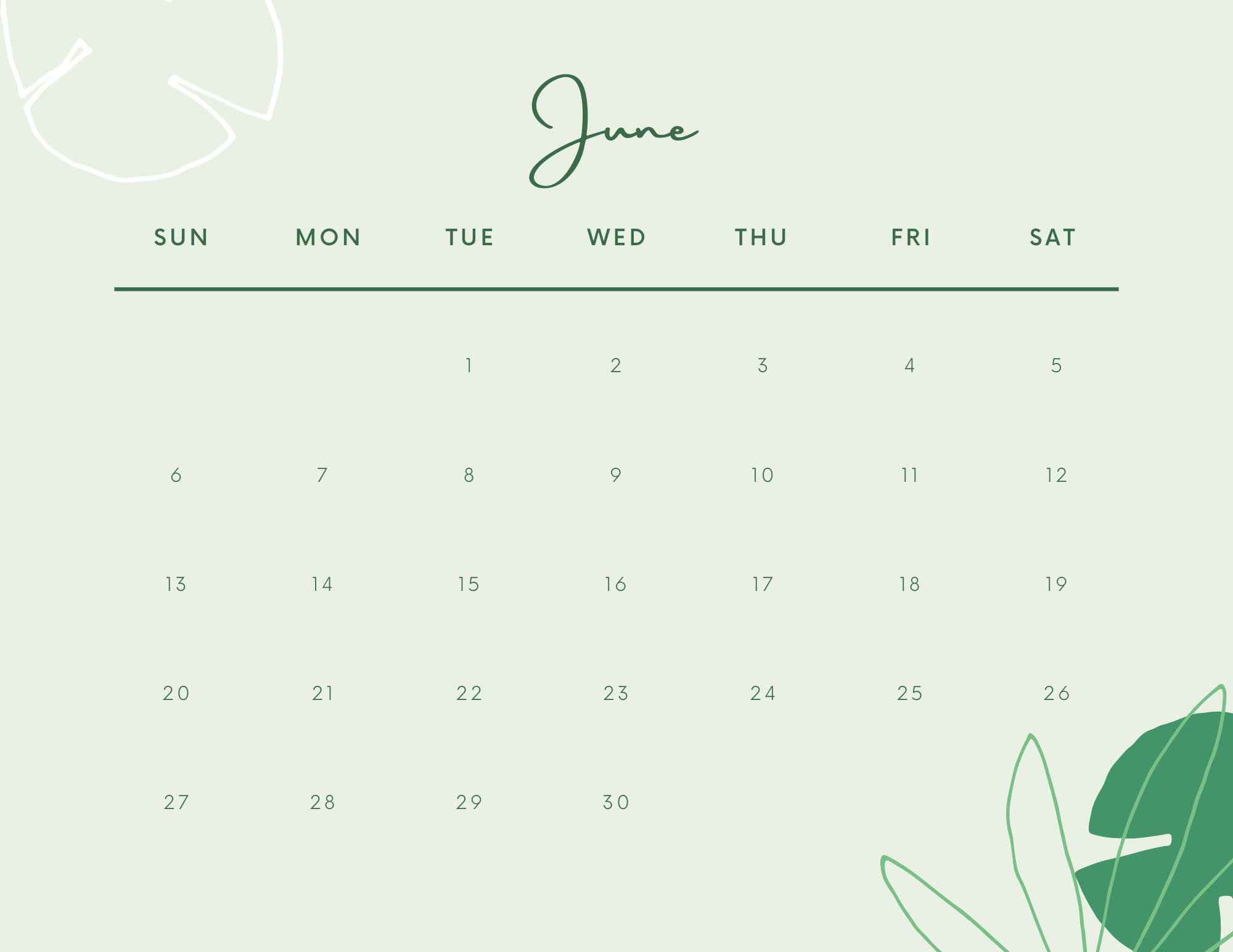 June 2021 Calendar, soft green leaves, elegant script, Full HD Desktop Wallpaper