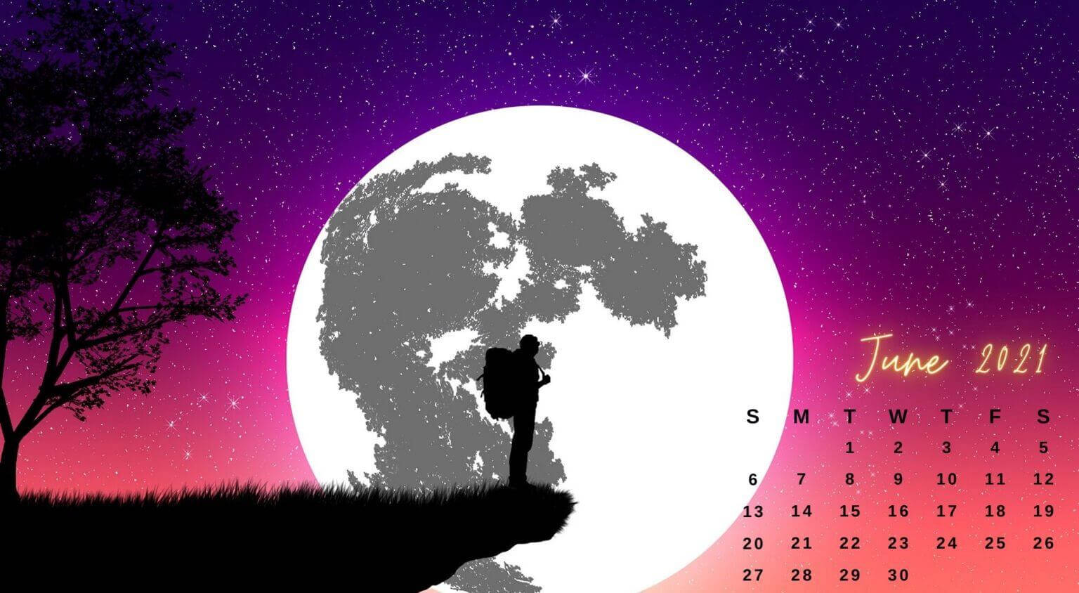 June 2021 Calendar, giant moon shaped like Earth, starry purple and pink sky, HD Desktop Wallpaper