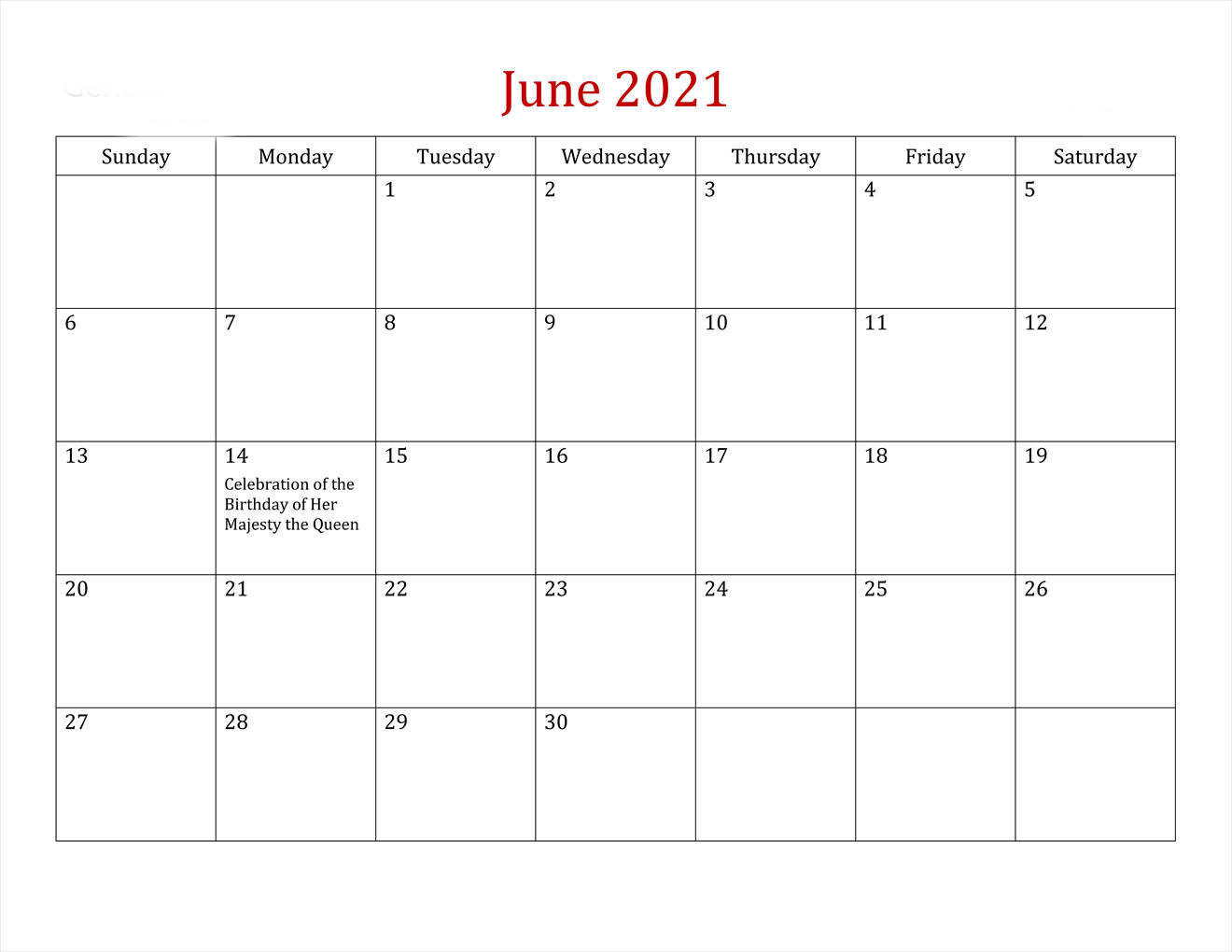 June 2021 Calendar, red header, black grid lines, HD Desktop Wallpaper