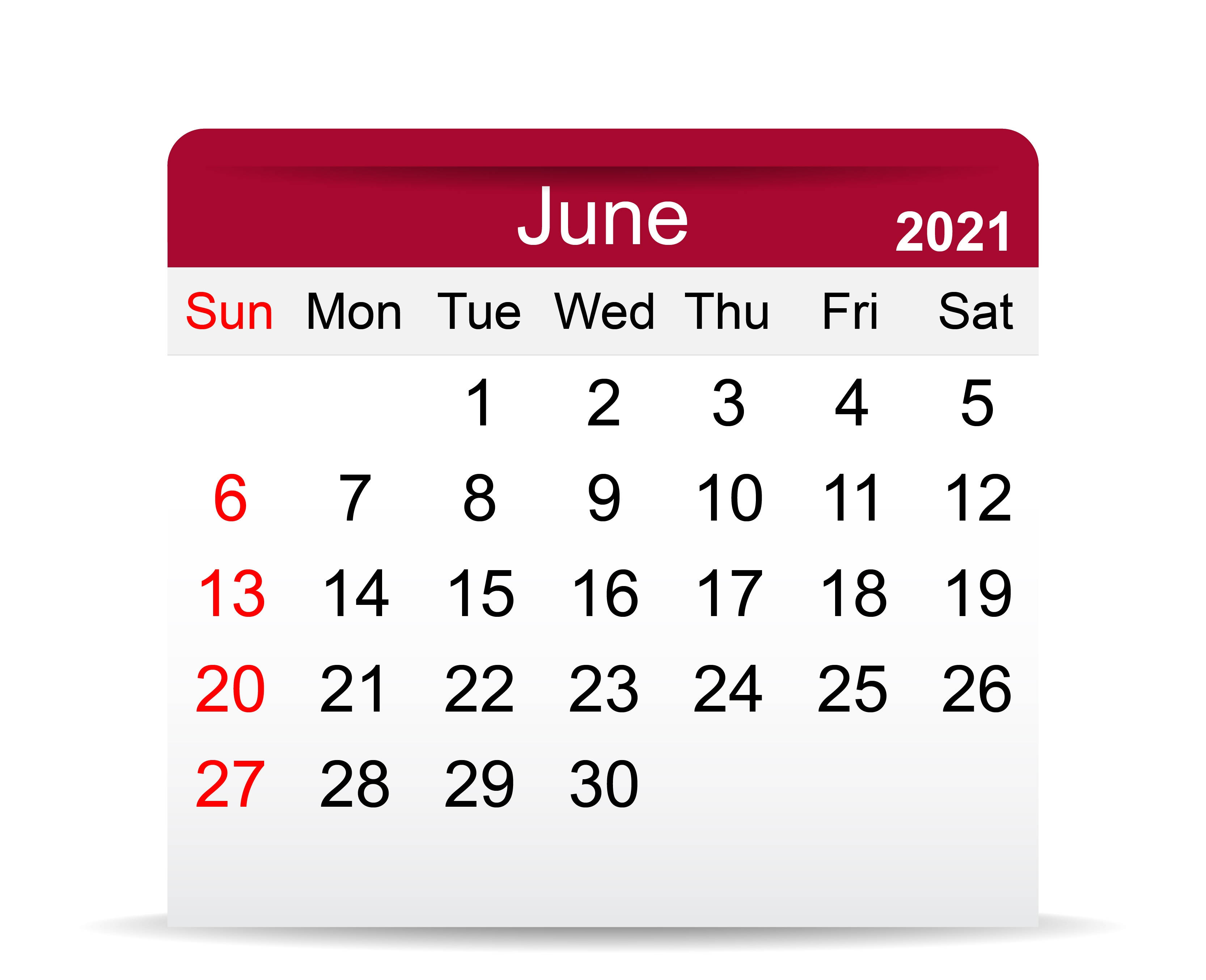 June 2021 Calendar, red background, red header, 2K Desktop Wallpaper