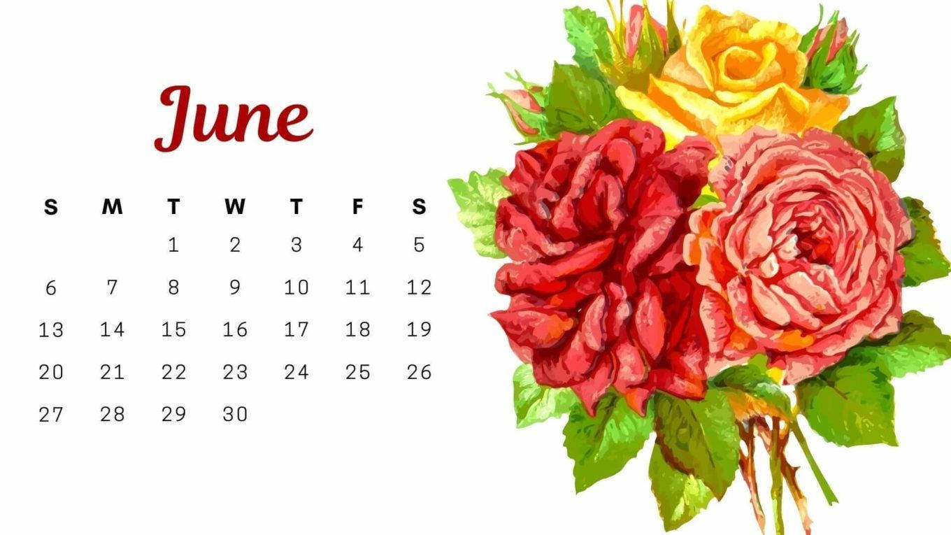June 2021 Calendar, red roses, yellow roses, HD Desktop Wallpaper
