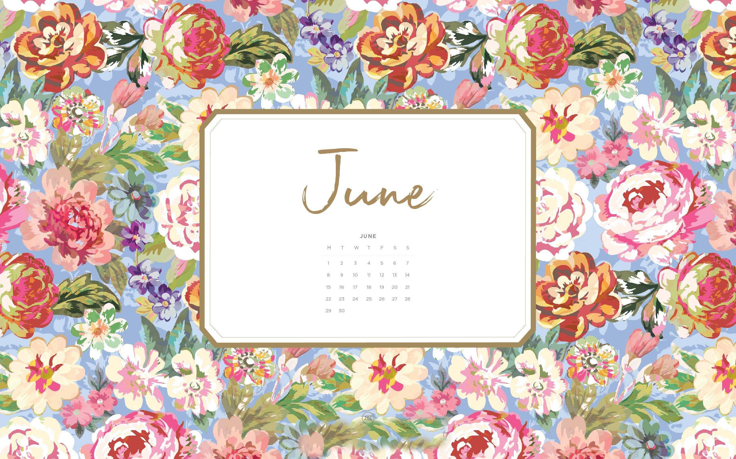 June 2021 Calendar, gold frame, floral wallpaper, 2K Desktop Wallpaper