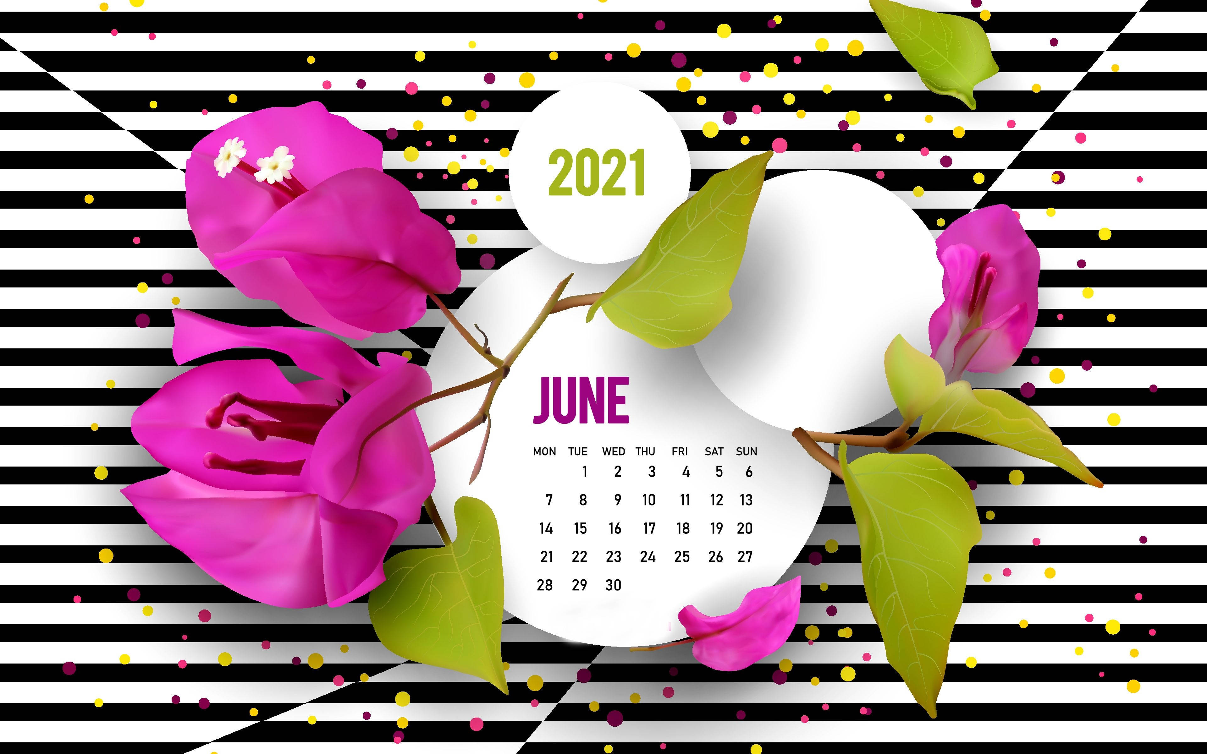 June 2021 Calendar, vibrant pink bougainvillea, green leaves, 4K Desktop Wallpaper