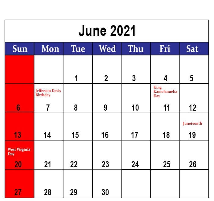 June 2021 Calendar, red highlighted dates, holiday annotations, SD Desktop Wallpaper