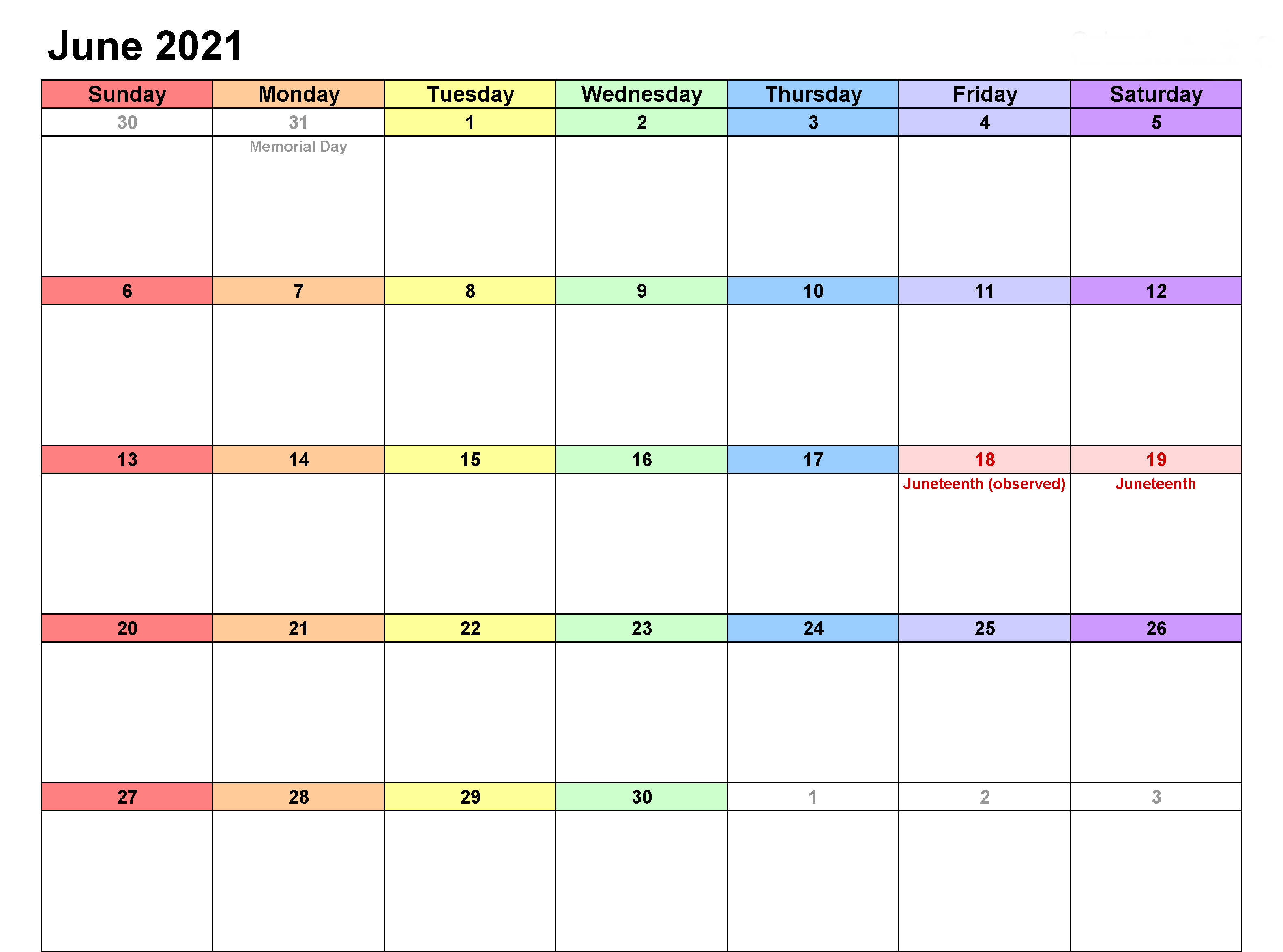 June 2021 Calendar, holidays, calendar grid, 2K Desktop Wallpaper