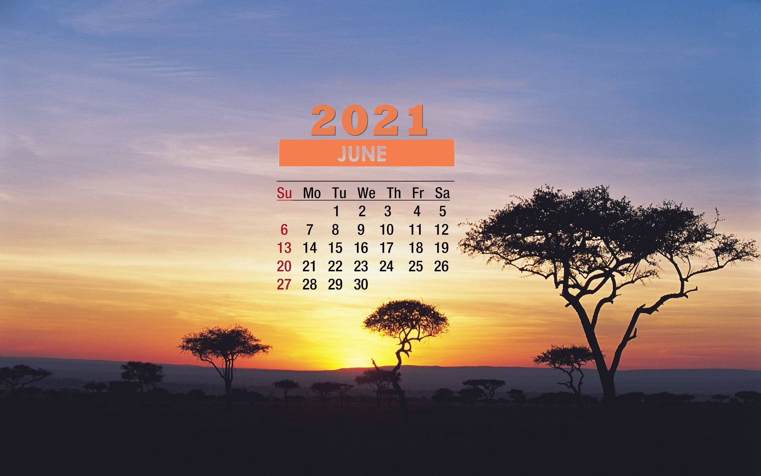 June 2021 Calendar, savanna sunset, acacia trees, 2K Desktop Wallpaper