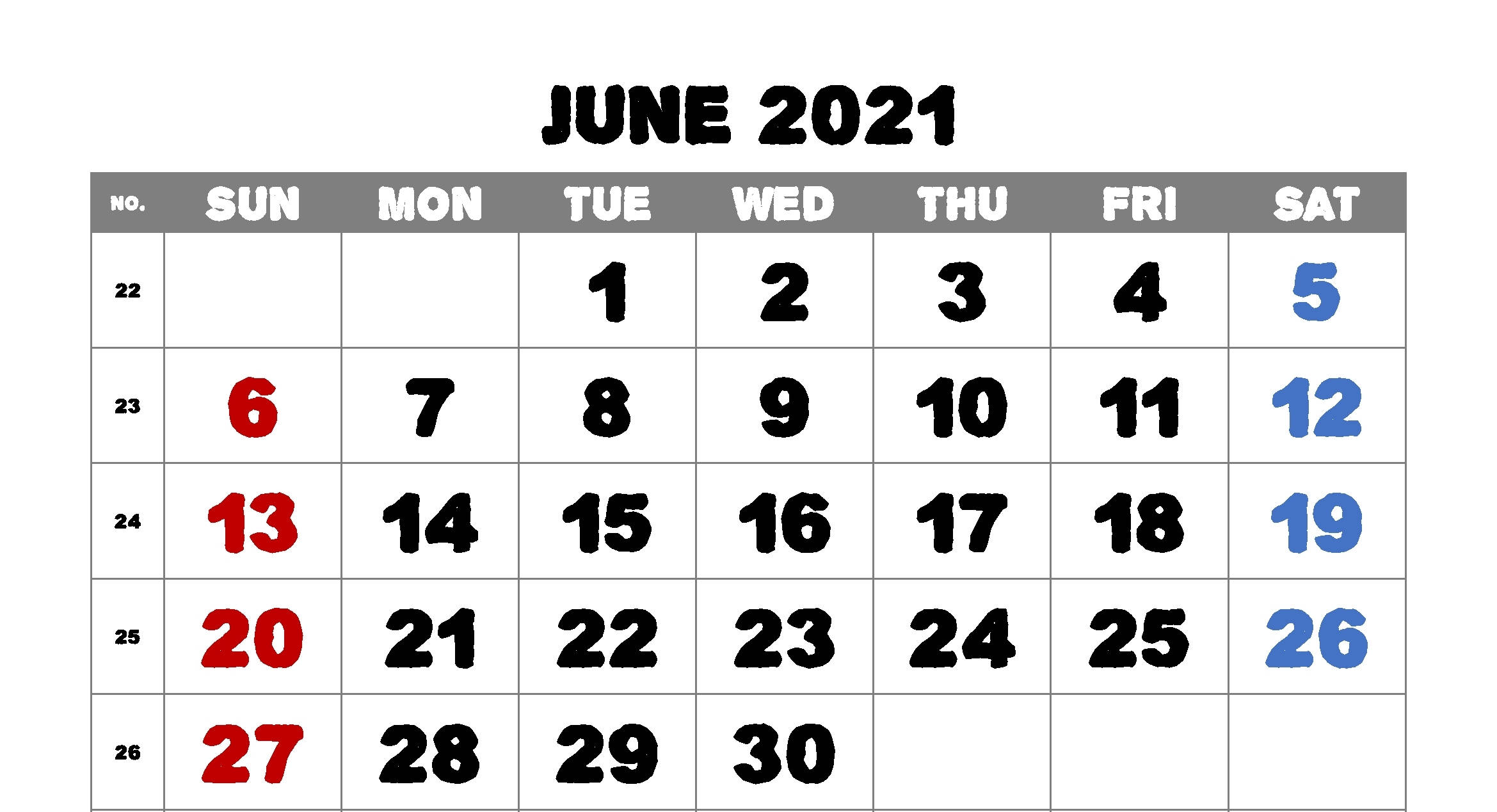 June 2021 Calendar, bold black text, red blue accents, Full HD Desktop Wallpaper