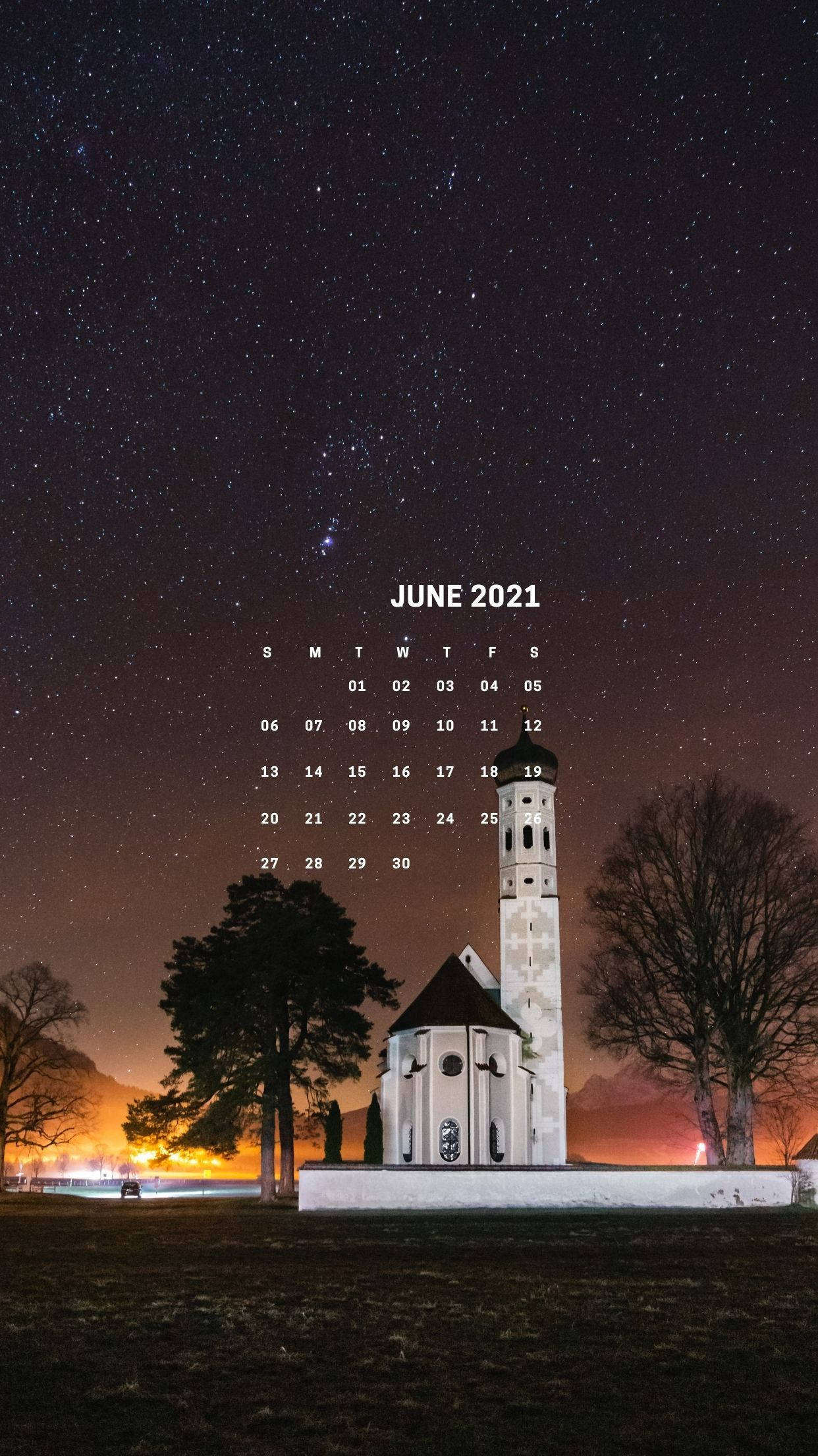 June 2021 calendar, white church, starry sky, Full HD Phone Wallpaper