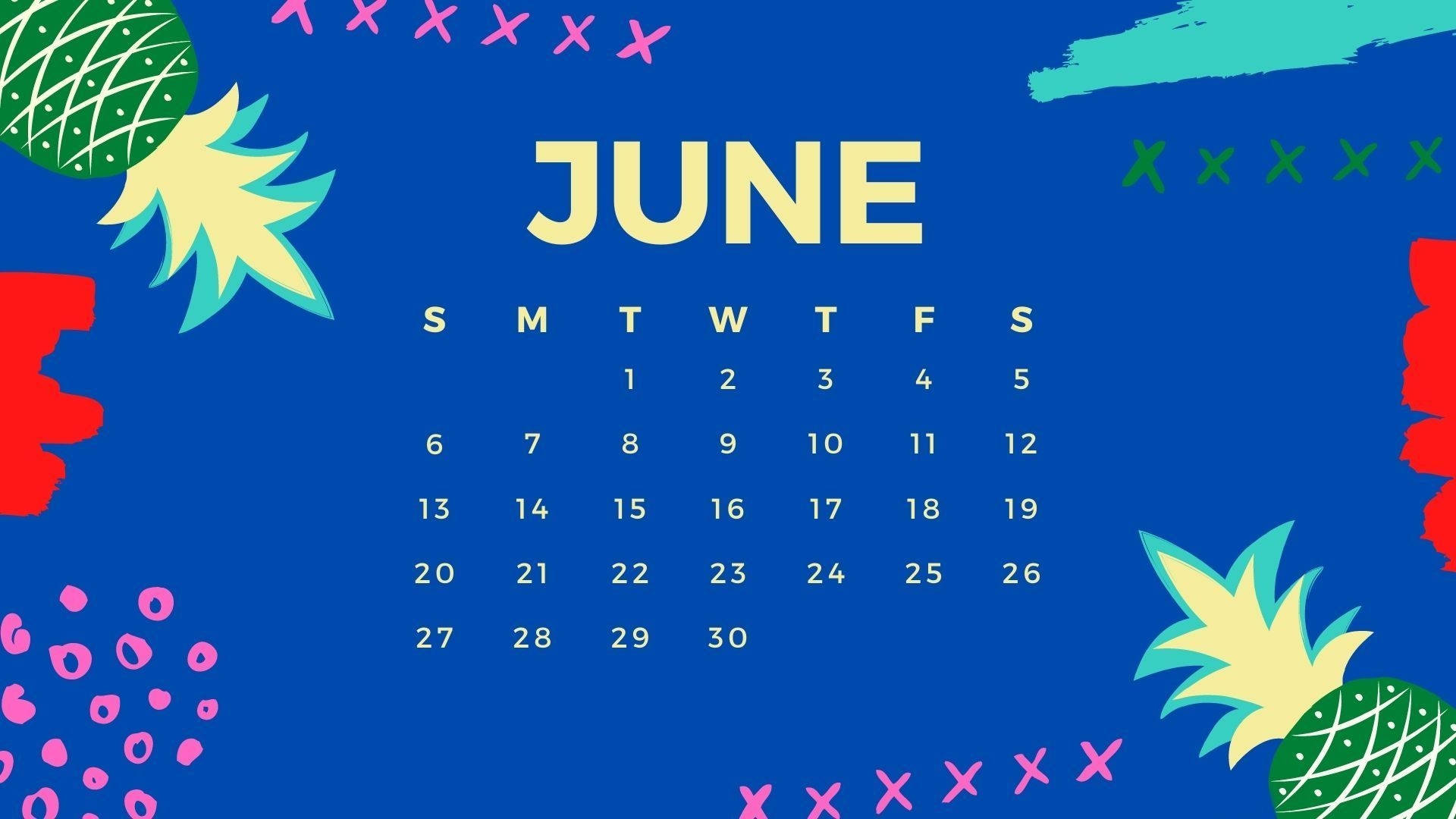 June 2021 Calendar, pineapples, colorful designs, Full HD Desktop Wallpaper