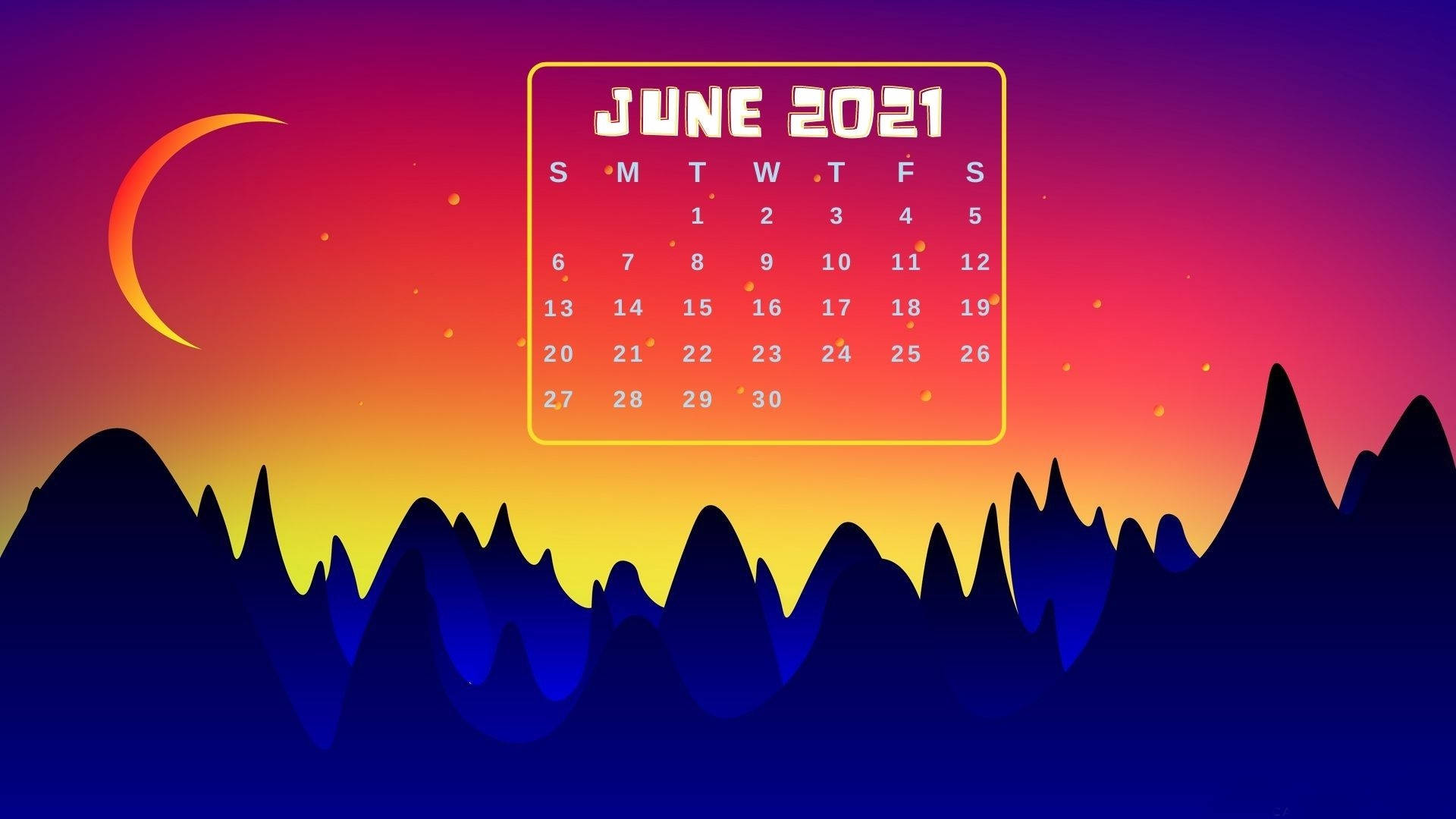 June 2021 Calendar, gradient sunset sky, crescent moon, Full HD Desktop Wallpaper