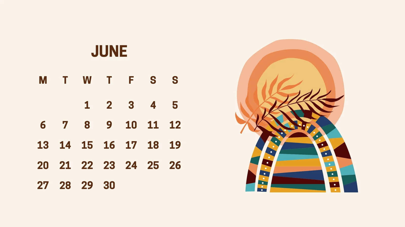 June Calendar, stylized sun, palm leaf, HD Desktop Wallpaper