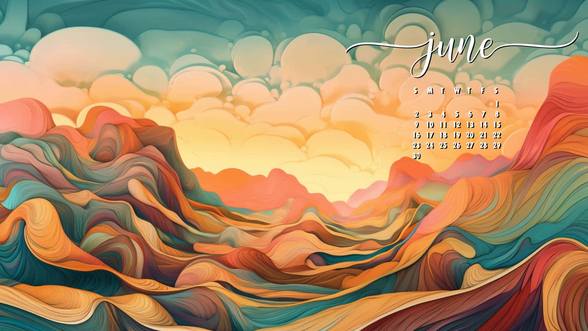 June calendar, rainbow-colored hills, teal and peach sky, Full HD Desktop Wallpaper