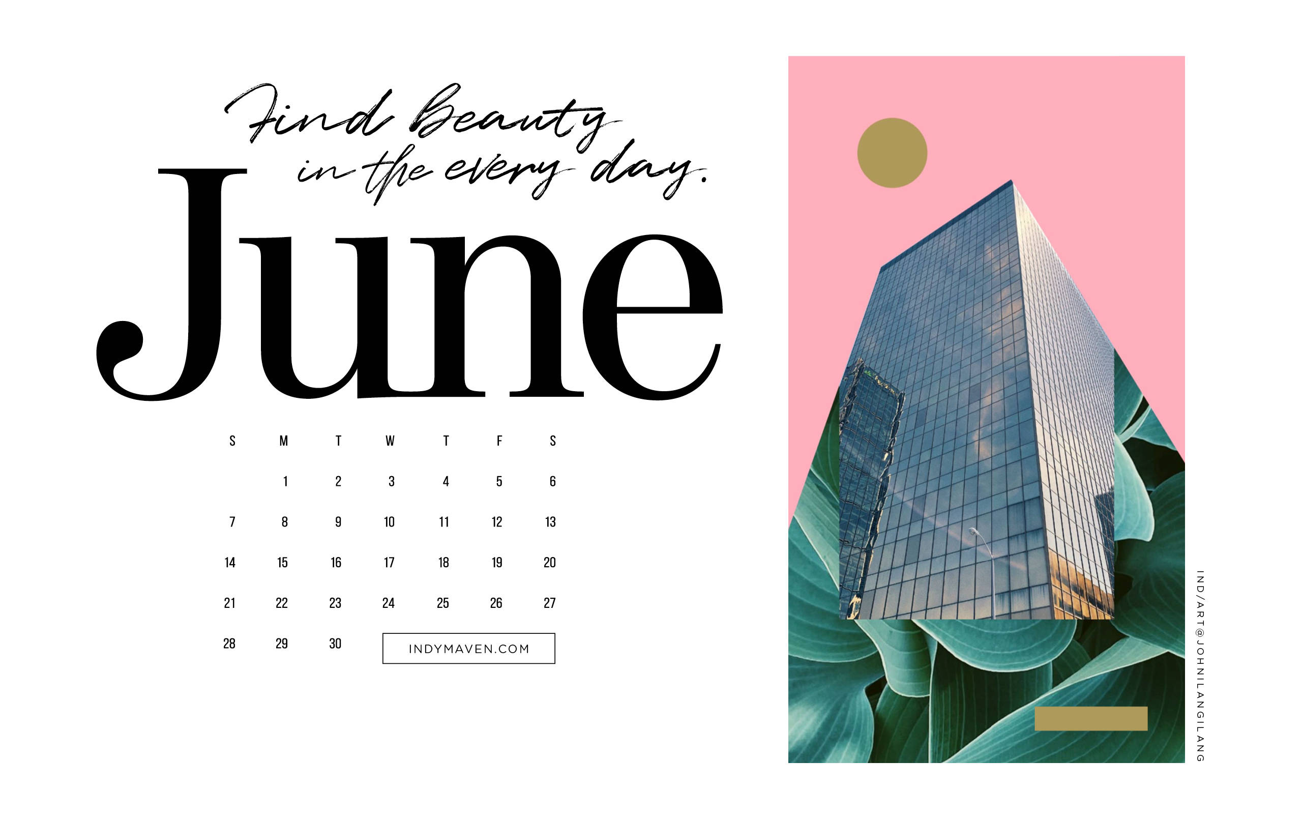 June calendar, glass building, pink sky, 2K Desktop Wallpaper