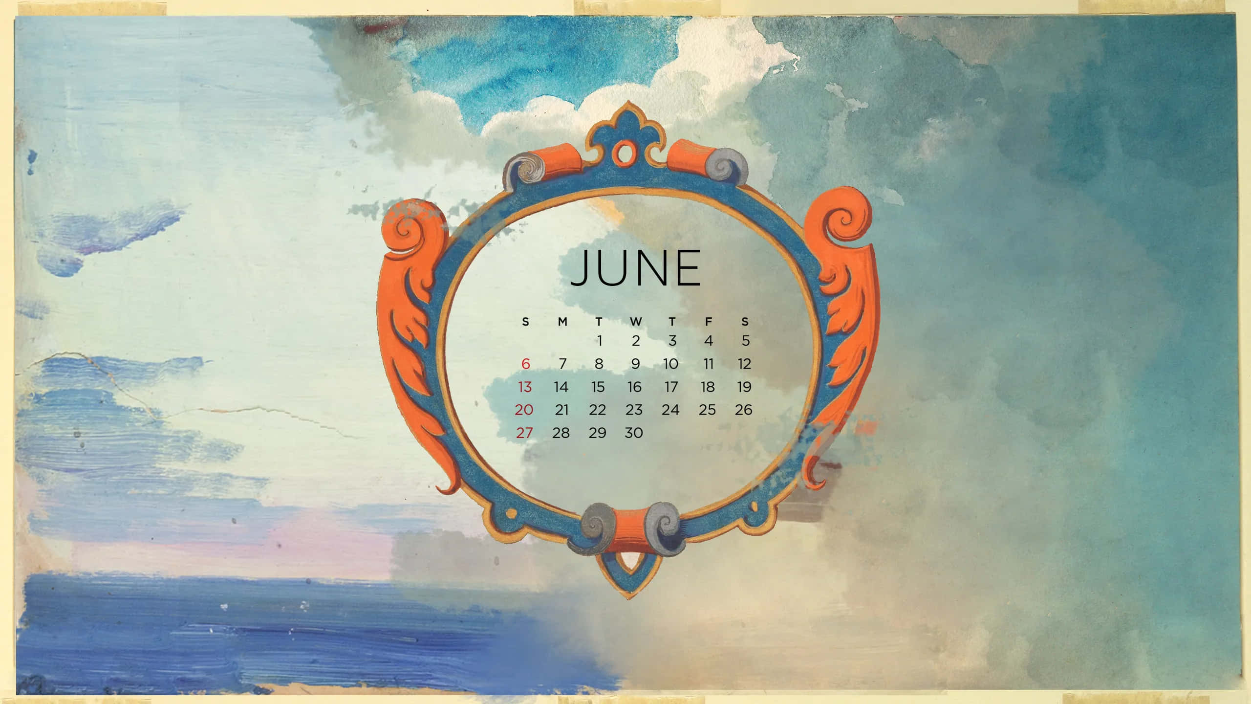 vintage June calendar artwork, watercolor calendar, ornate orange and blue frame, 2K Desktop Wallpaper