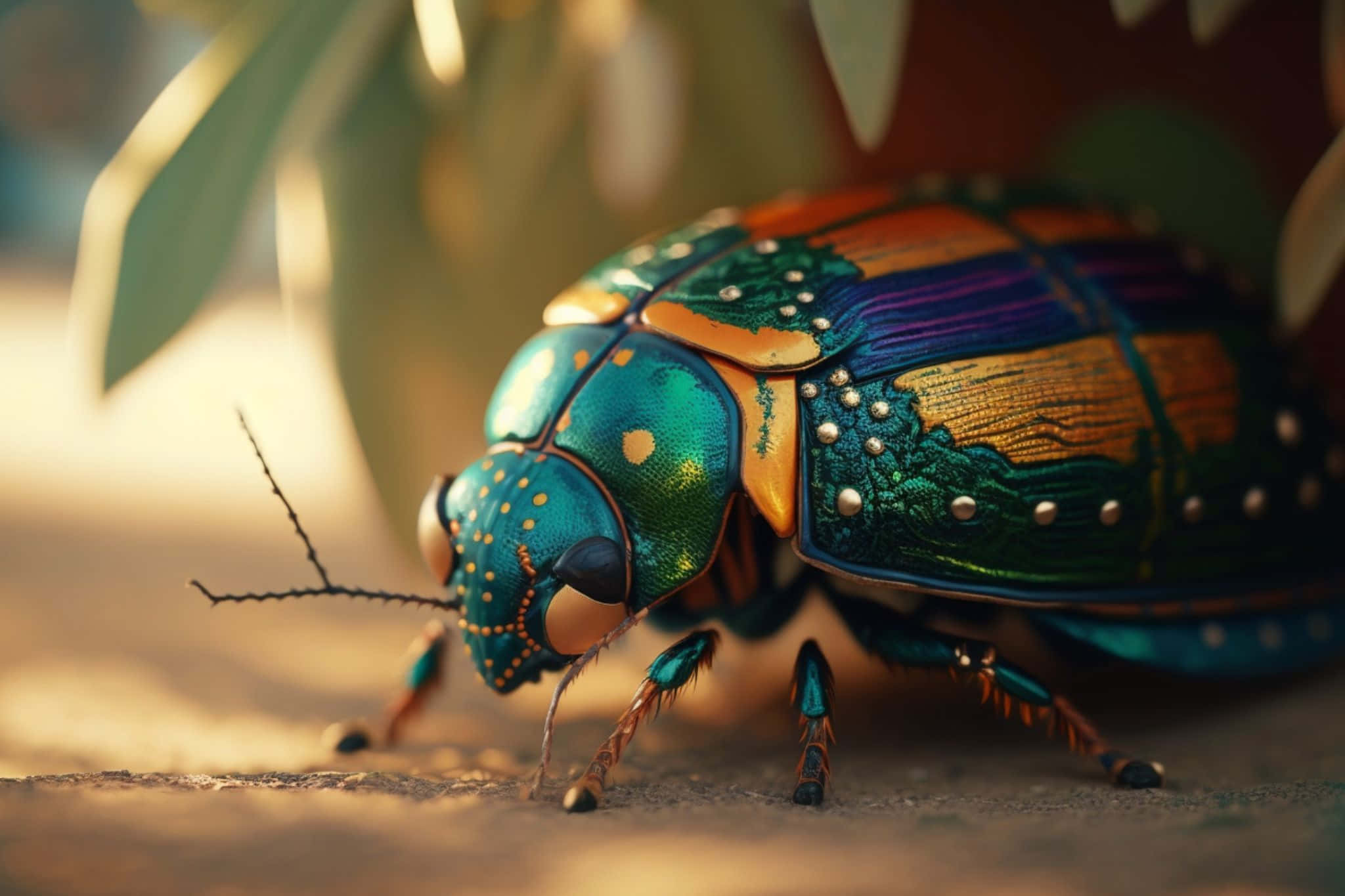 June Bug, iridescent blue green, orange shell, Full HD Desktop Wallpaper