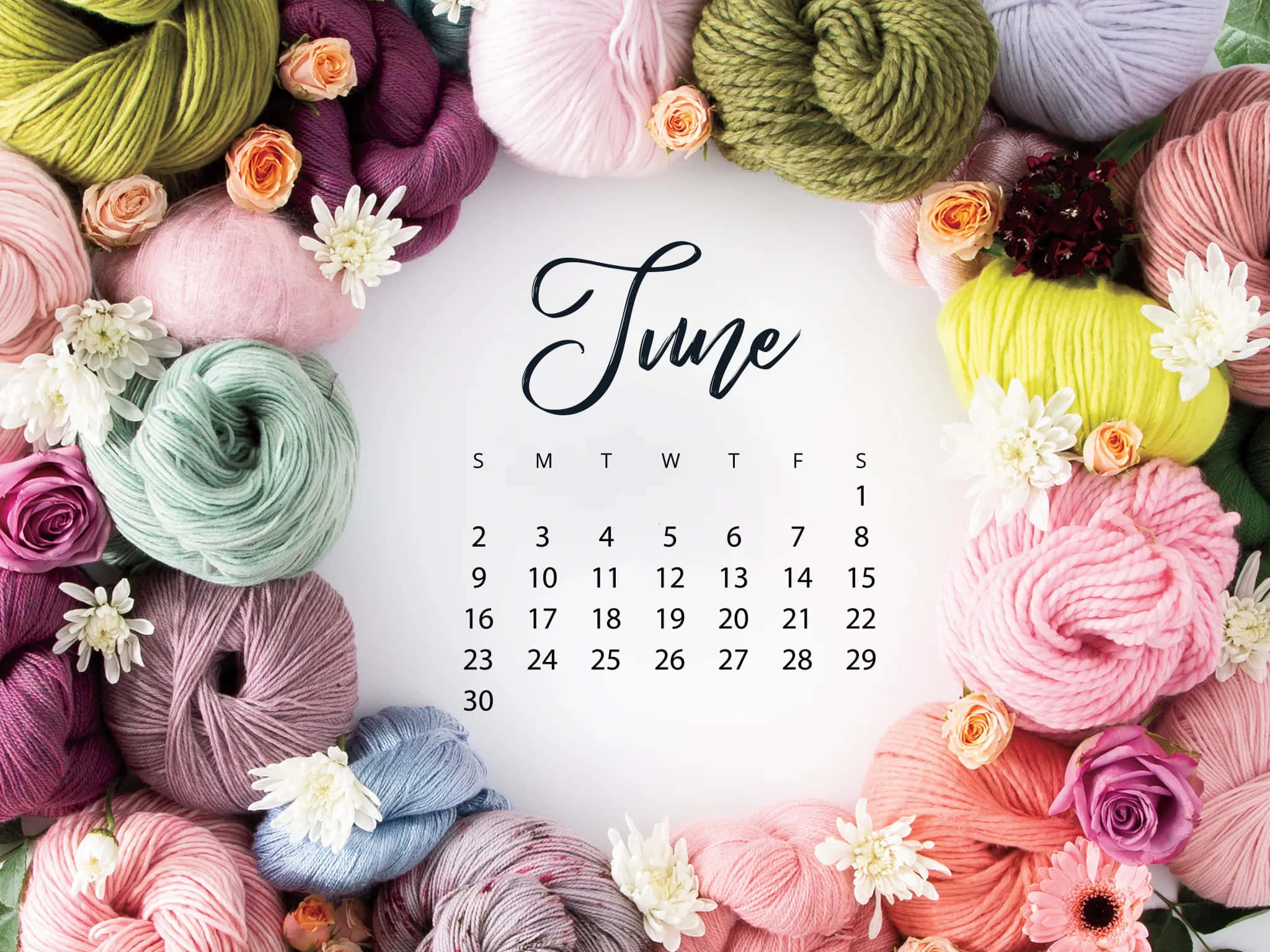 June Calendar, colorful yarn balls, fresh flowers, Full HD Desktop Wallpaper