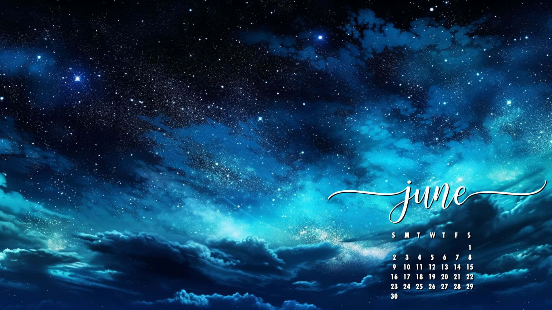 Starry June Calendar, vibrant blue starry night sky, swirling clouds, Full HD Desktop Wallpaper