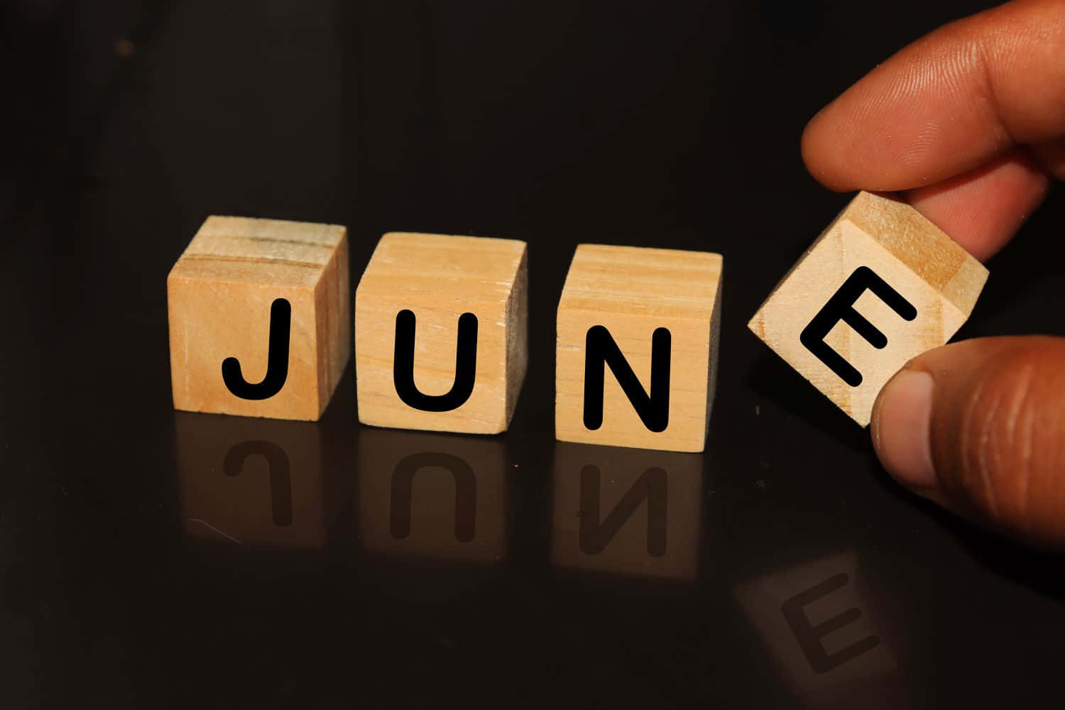 JUNE, wooden block, reflective black surface, HD Desktop Wallpaper