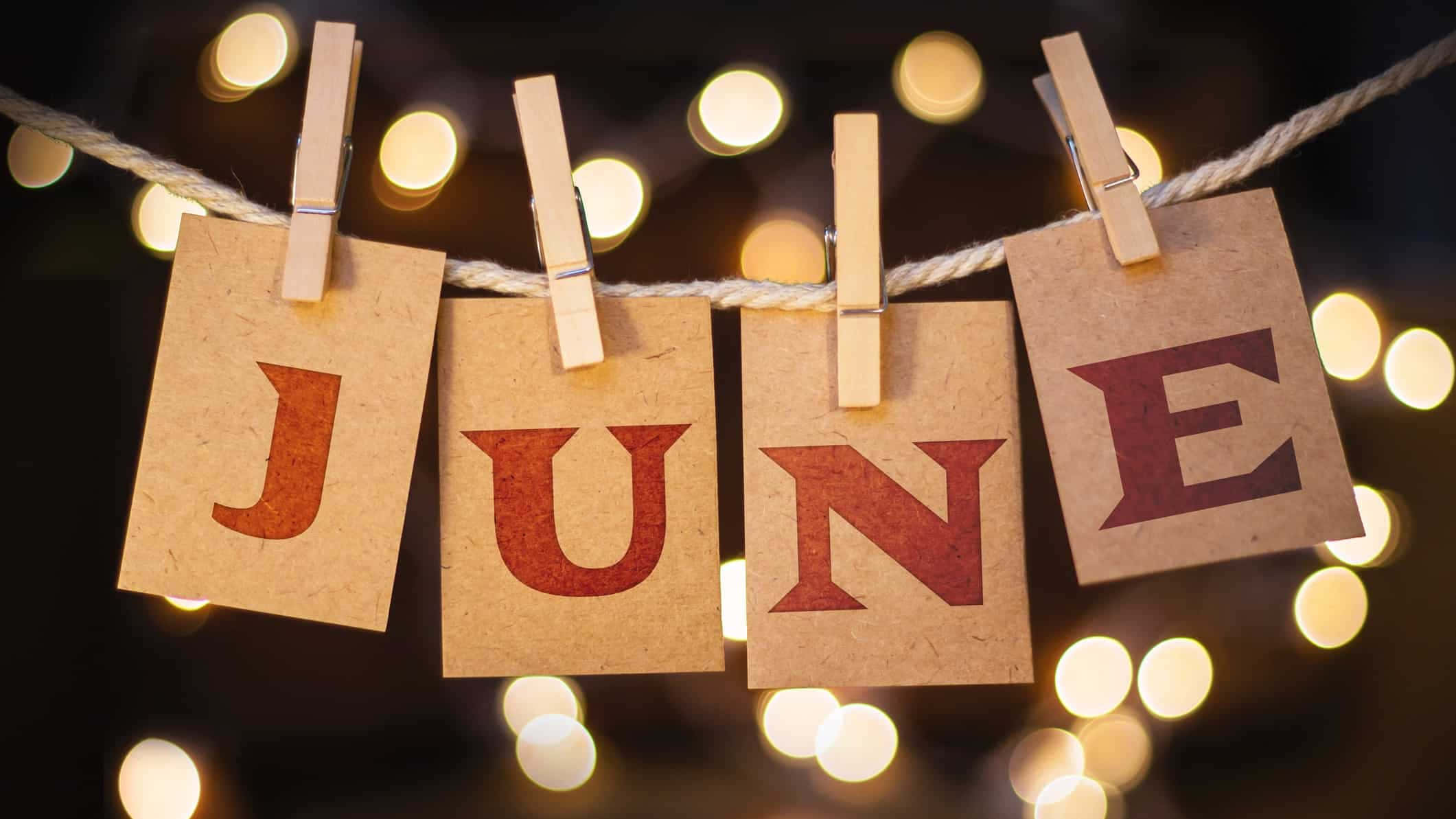 JUNE, red letters, brown paper tags, Full HD Desktop Wallpaper