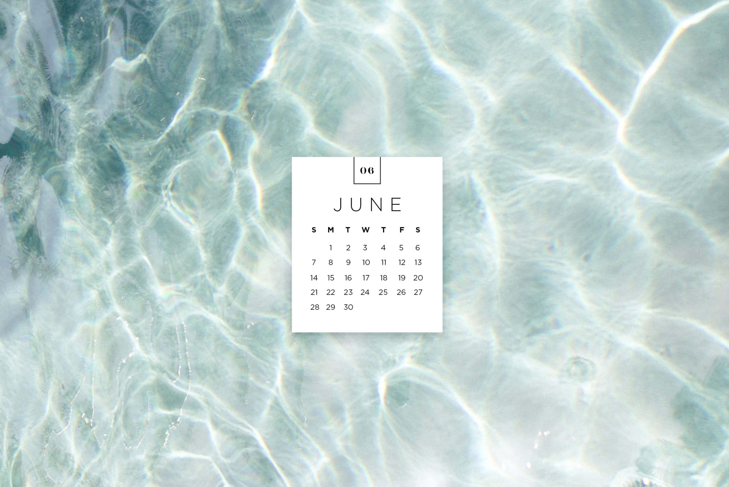 June Calendar, turquoise water, sun-dappled, 2K Desktop Wallpaper