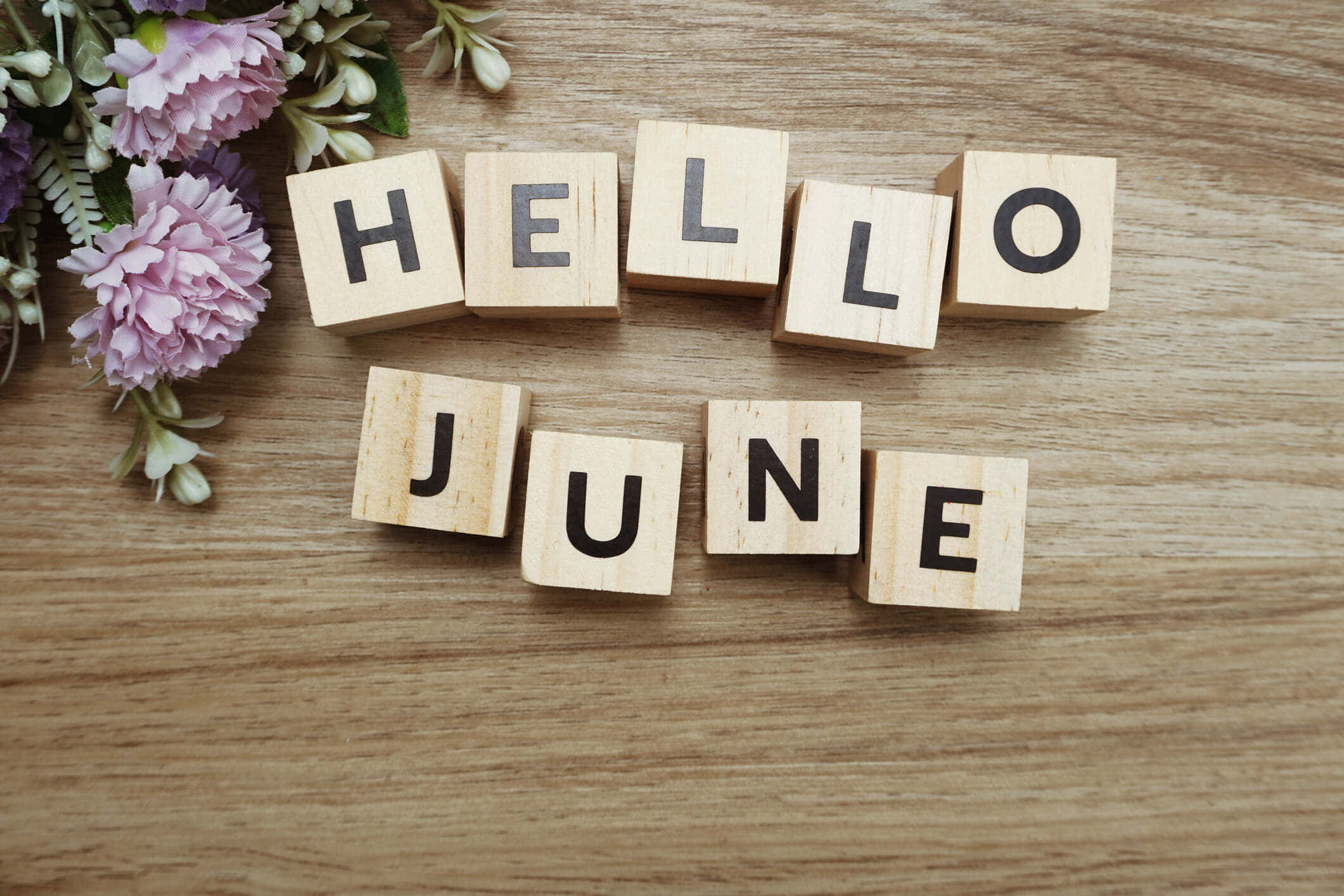 Hello June, wooden blocks, floral decoration, Full HD Desktop Wallpaper